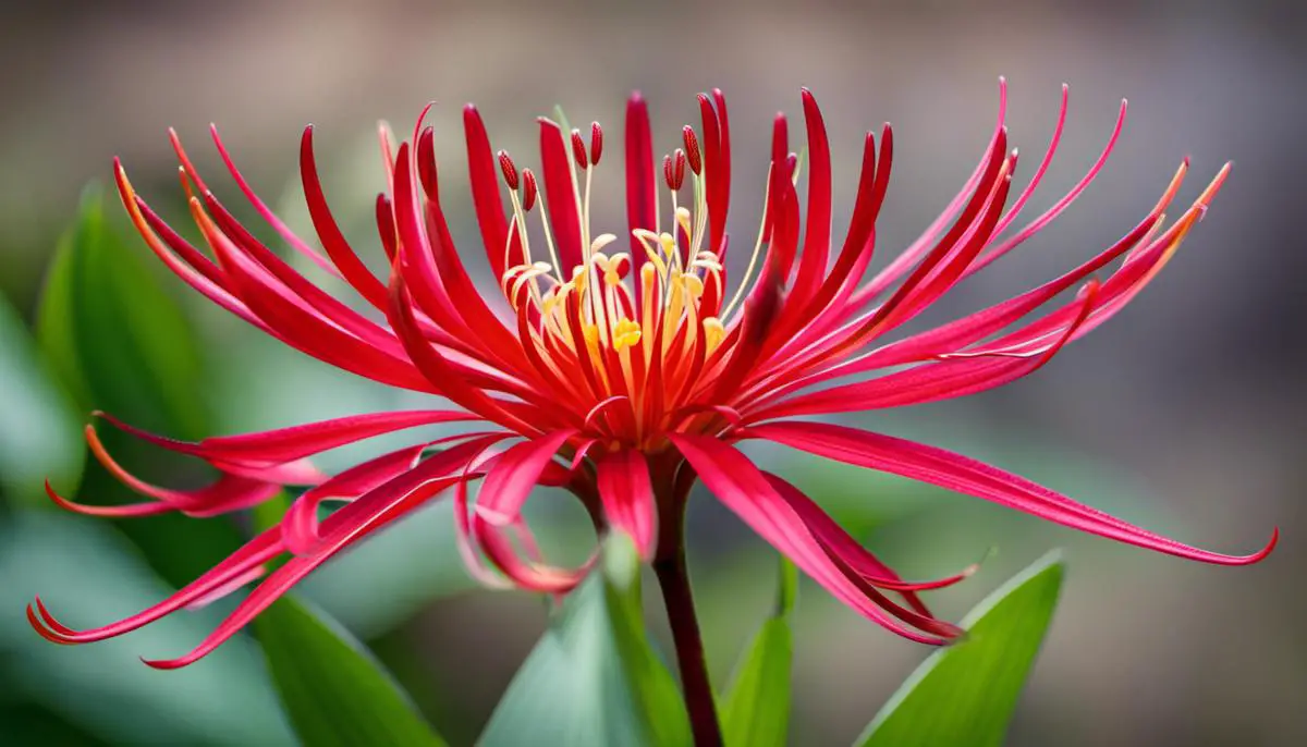 Image of a red spider lily flower, showcasing its vibrant red color and unique petal shape.