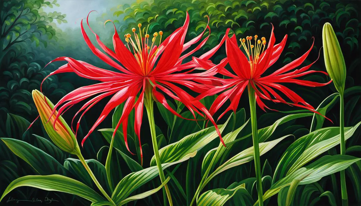 A vibrant red spider lily blooming among green leaves, symbolizing the ephemeral nature of life and the transcendence of death.