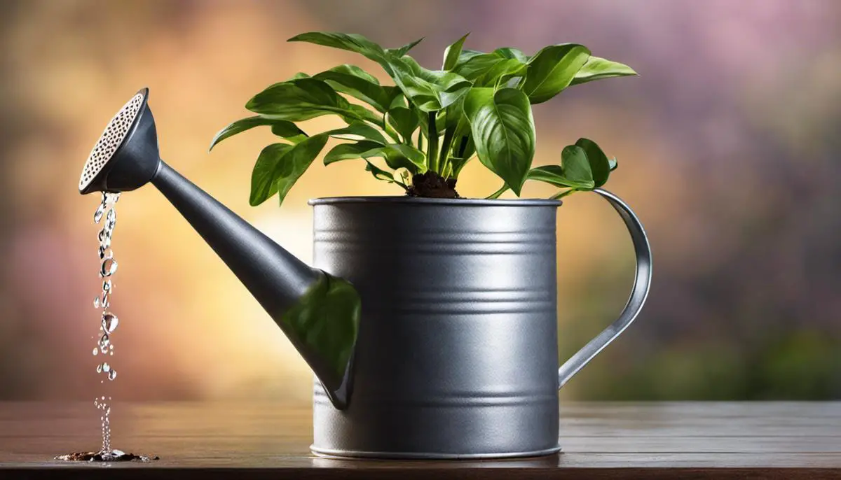 A watering can pouring water over a potted plant