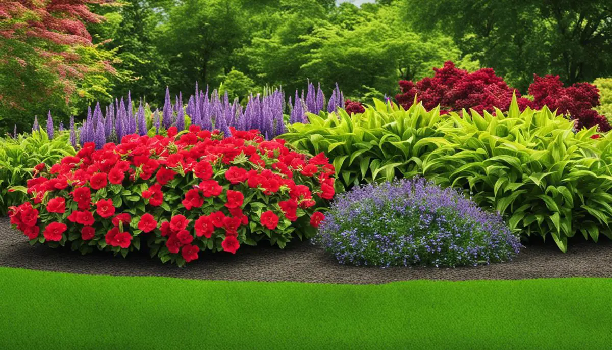 A image of various plants in containers with colorful flowers and green foliage.