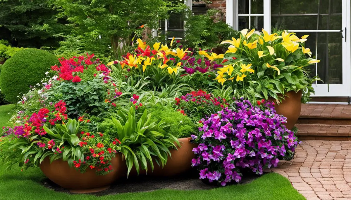 A lush container garden with a variety of plants growing in pots and hanging baskets, creating a vibrant and colorful display.