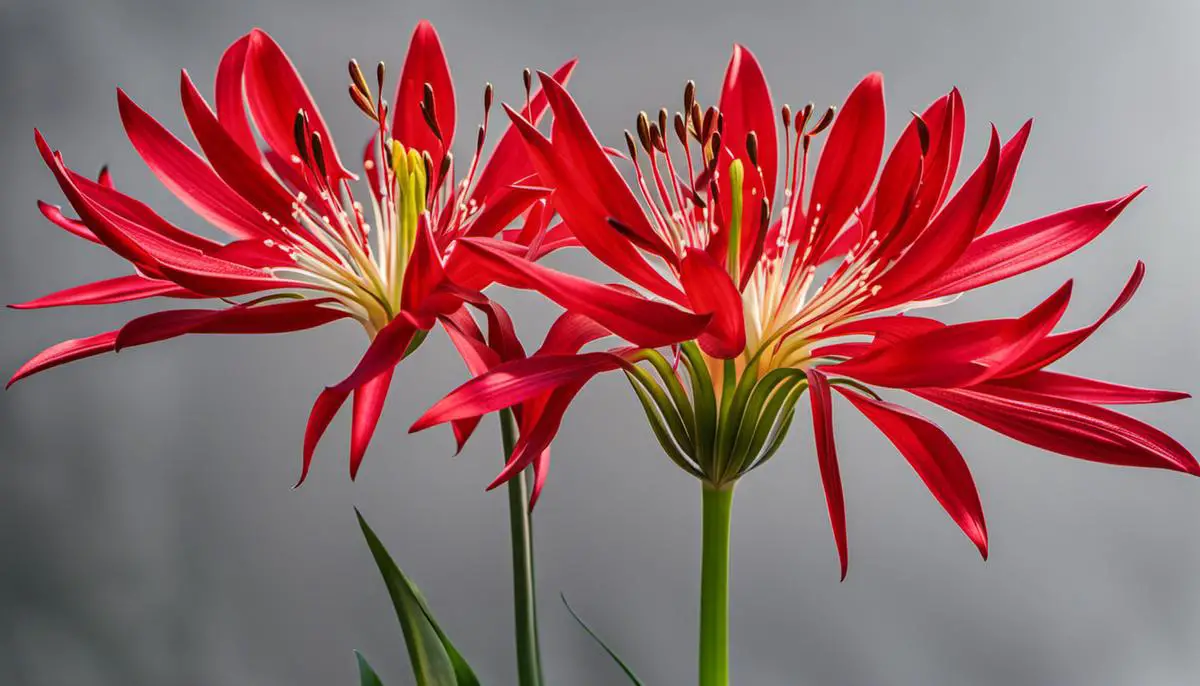 A vibrant red spider lily with unique petals, symbolizing the impermanence of life and the spiritual significance in mythology.
