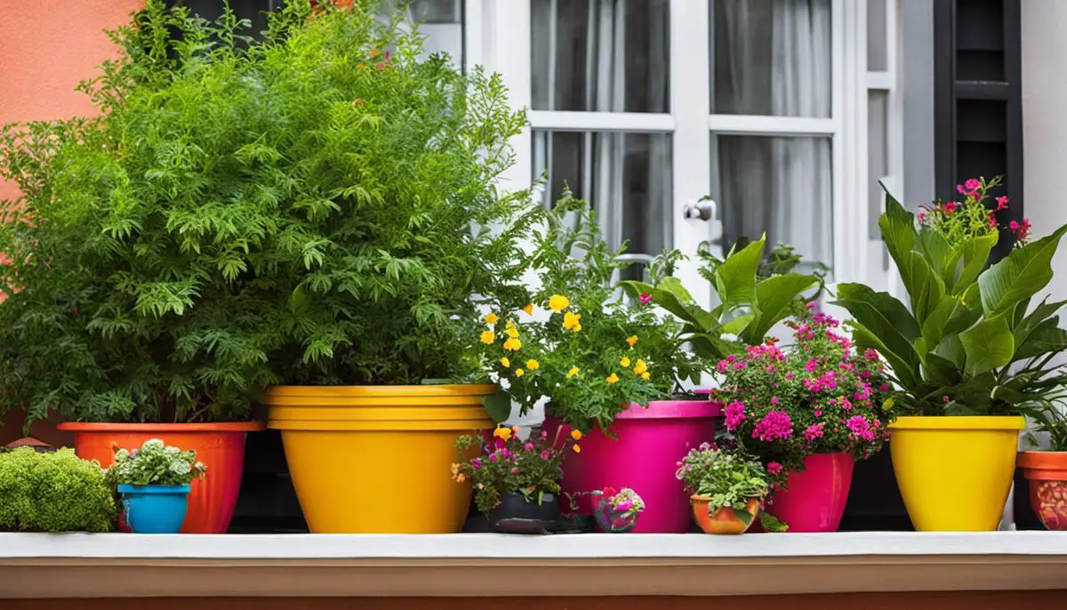 A photo of a container garden with various plants growing in colorful pots arranged on a balcony.