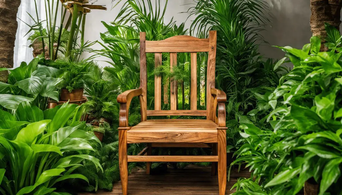 A wooden chair with vibrant green plants growing in it, creating an enchanting display of nature incorporated with furniture.