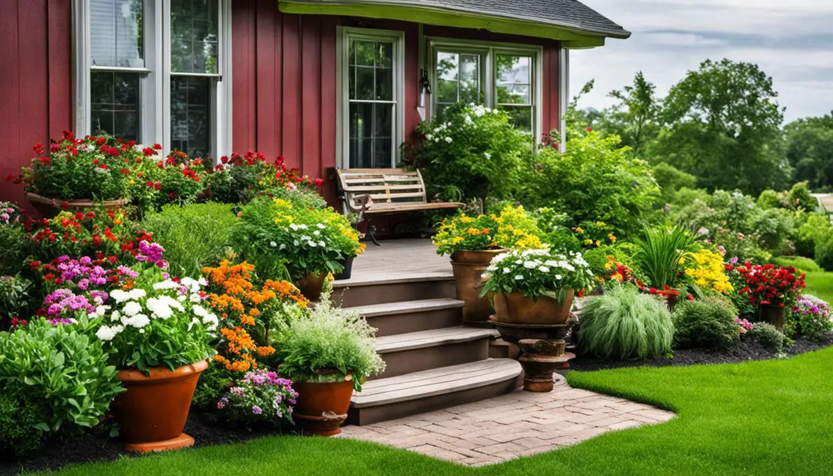 A beautiful container garden with a variety of plants, including herbs, vegetables, and flowers, placed on a front porch.