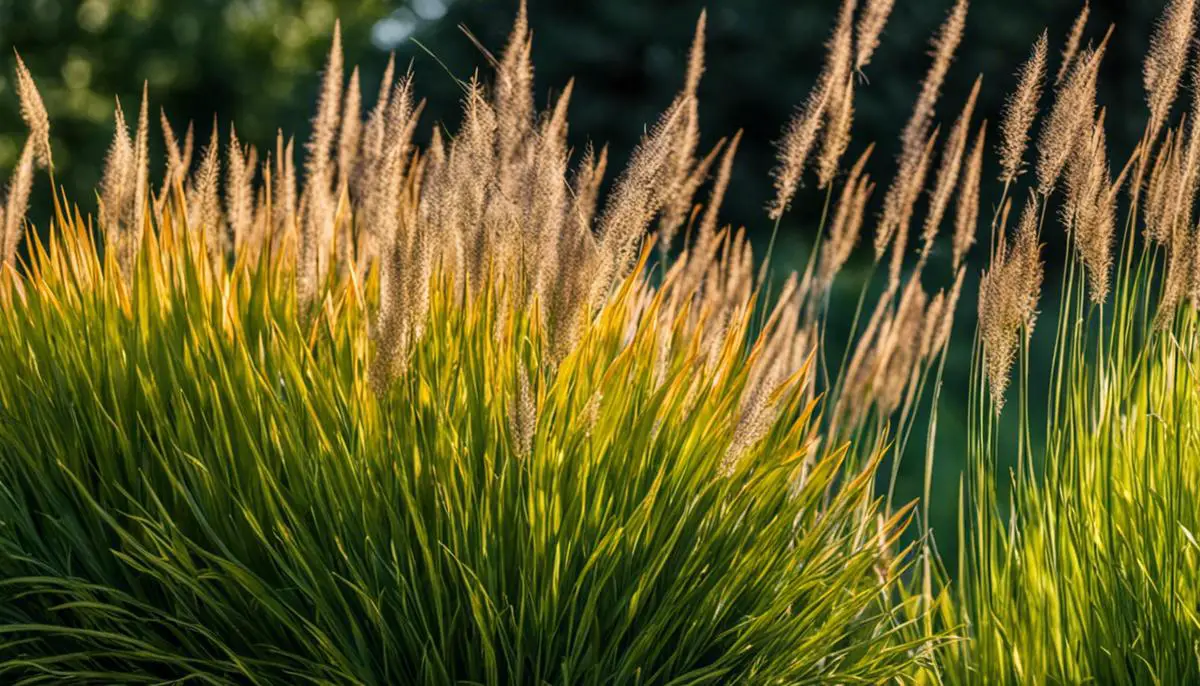 A close-up image of different ornamental grasses in a container, showcasing their various textures and colors