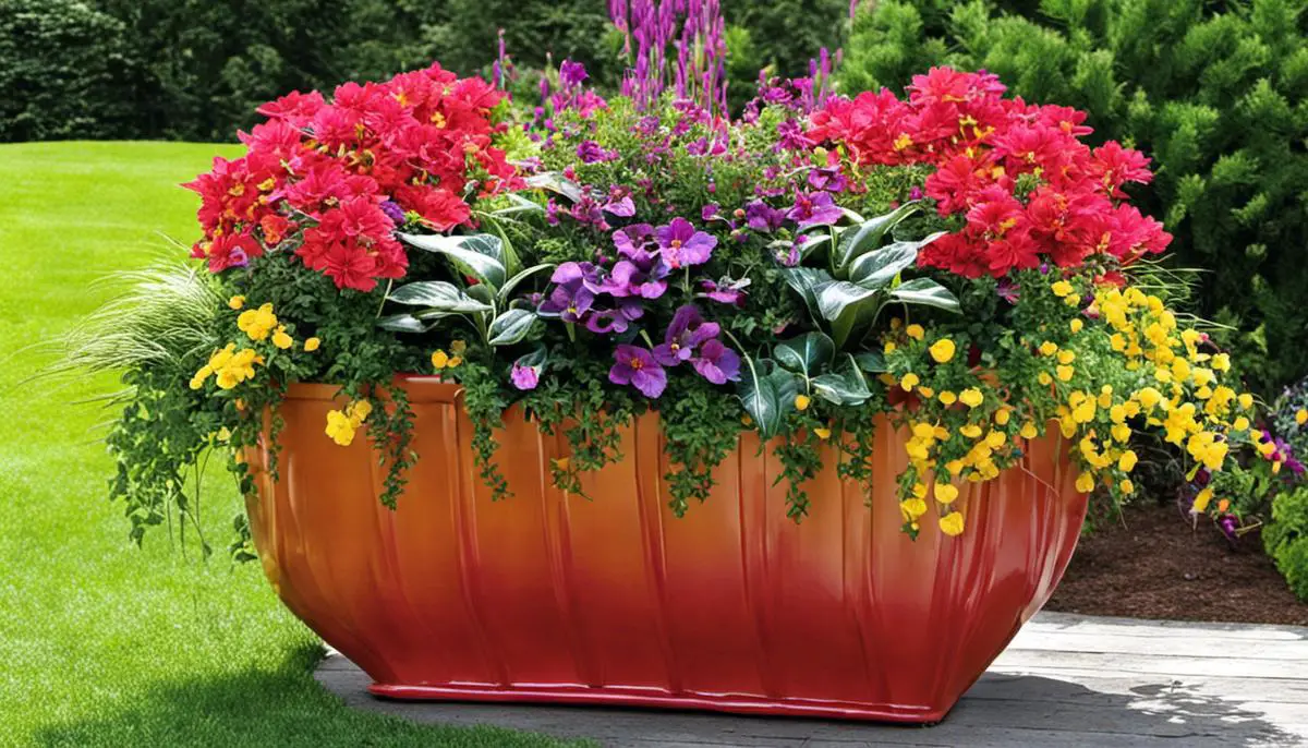 A vibrant and colorful container garden with different plants for each season.