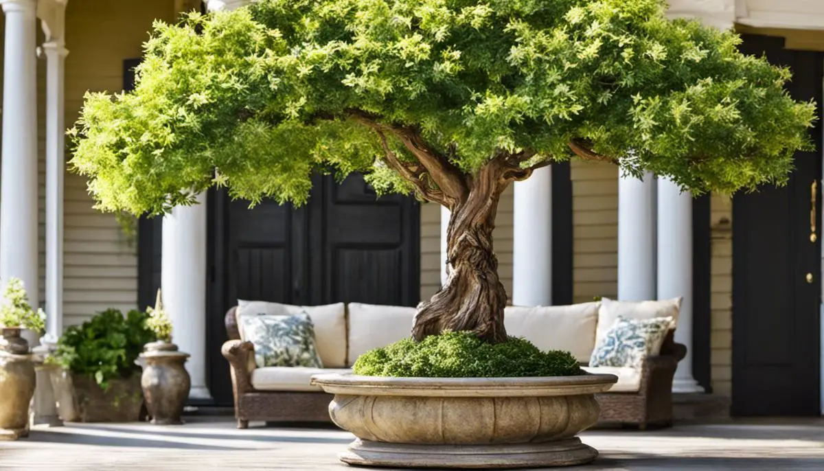 A stunning miniature tree on a front porch, adding natural charm and elegance to the outdoor space.