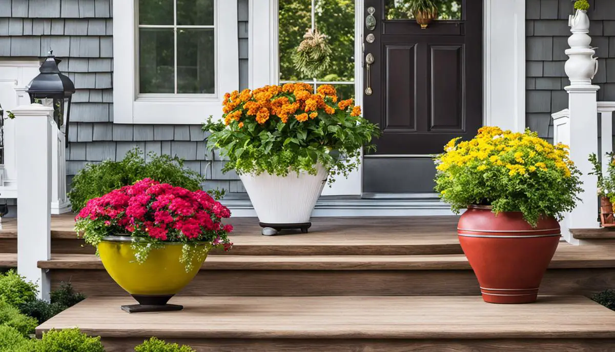 Colorful mixed pots on a front porch, creating a vibrant and welcoming atmosphere