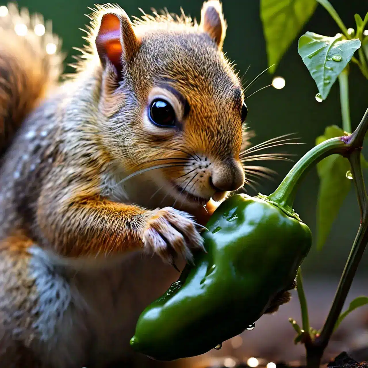Eastern gray squirrel nibbling on a green jalapeno pepper