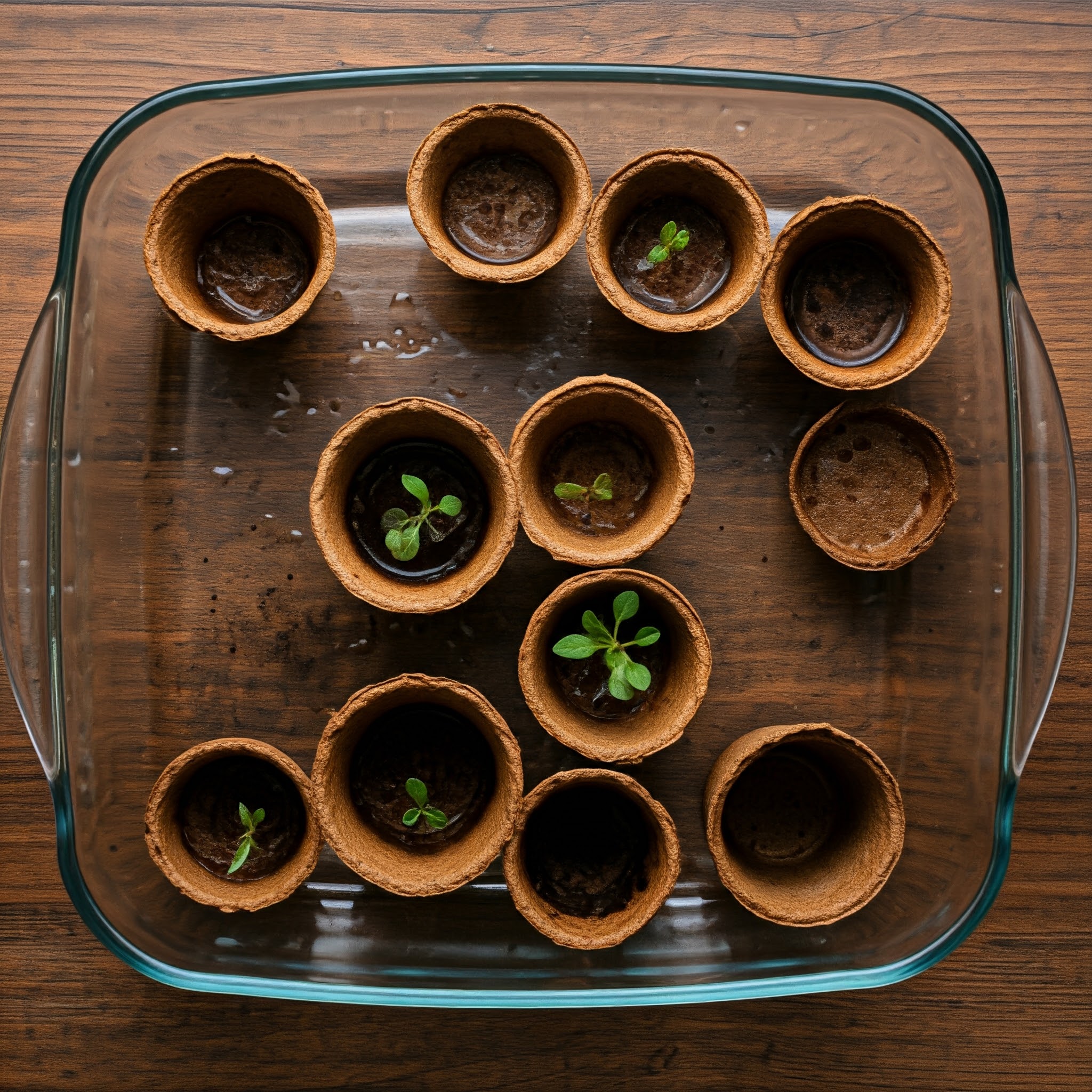 Peat pots in a clear glass baking dish filled with shallow water