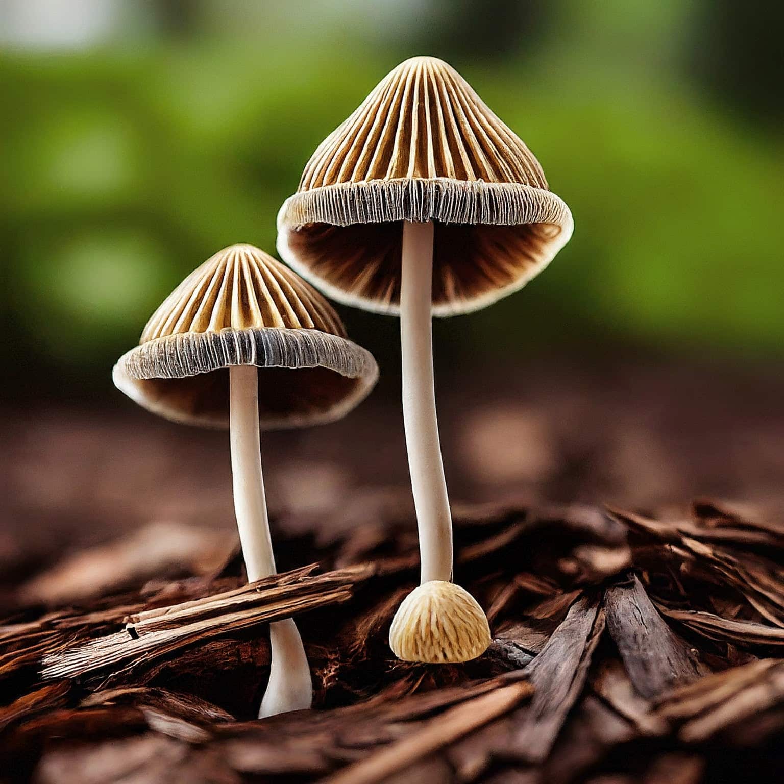 Pleated Inkcap mushroom cluster emerging from a bed of dark