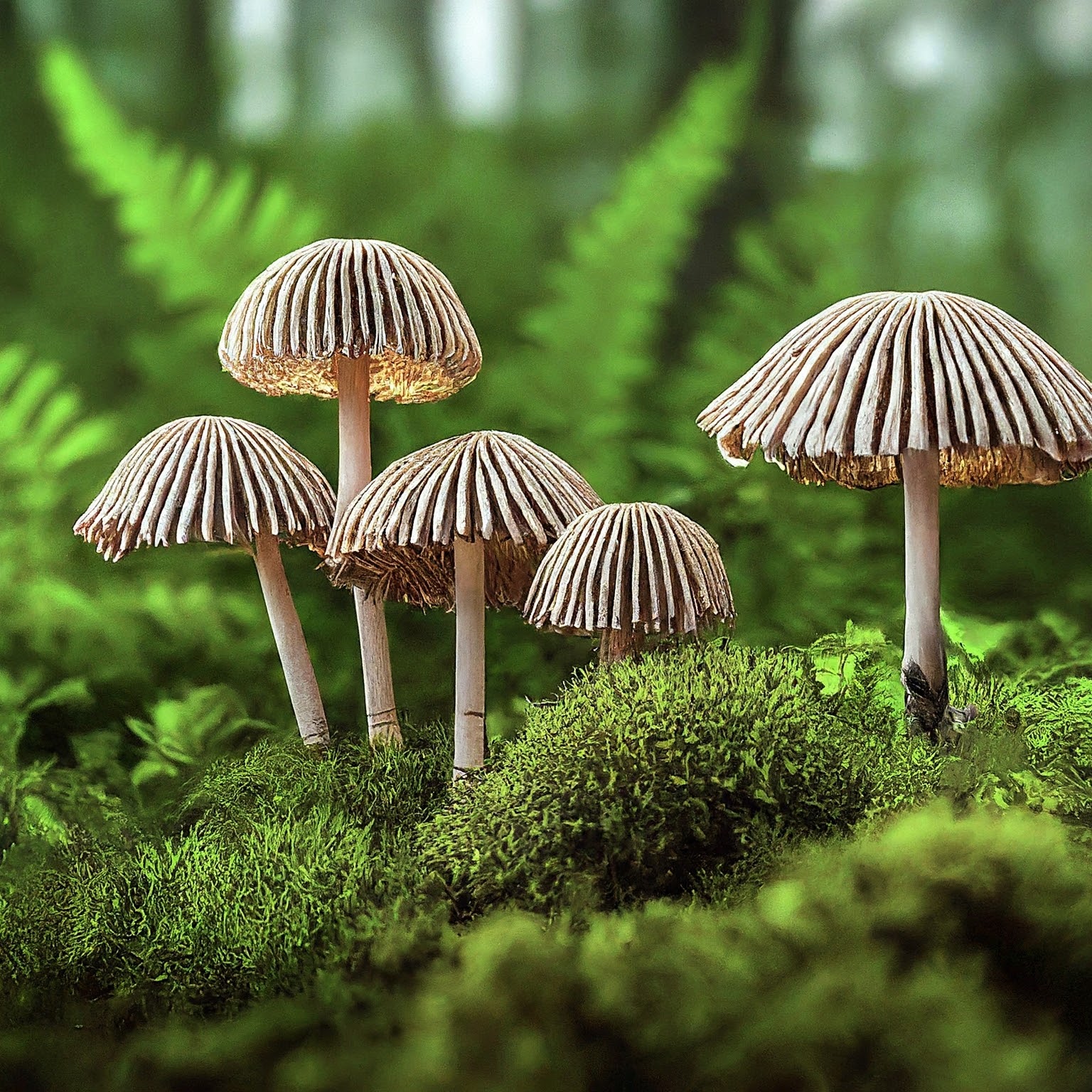 Pleated Inkcap mushrooms nestled amongst moss