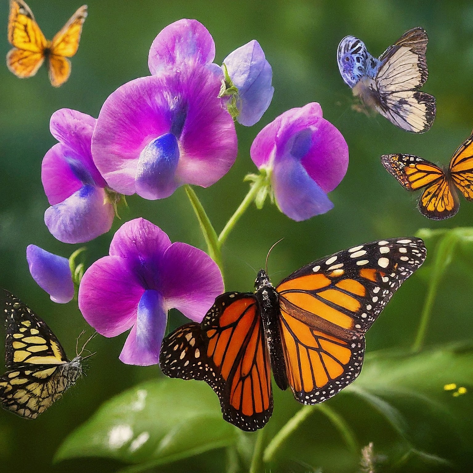 Sweet Pea Shrub in full bloom surrounded by colorful butterflies