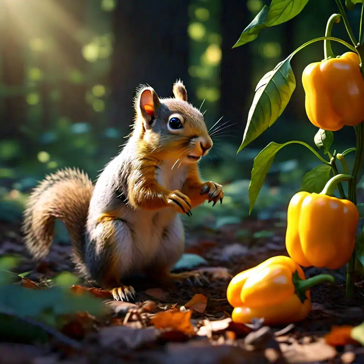 The squirrel is reaching for a ripe yellow bell pepper