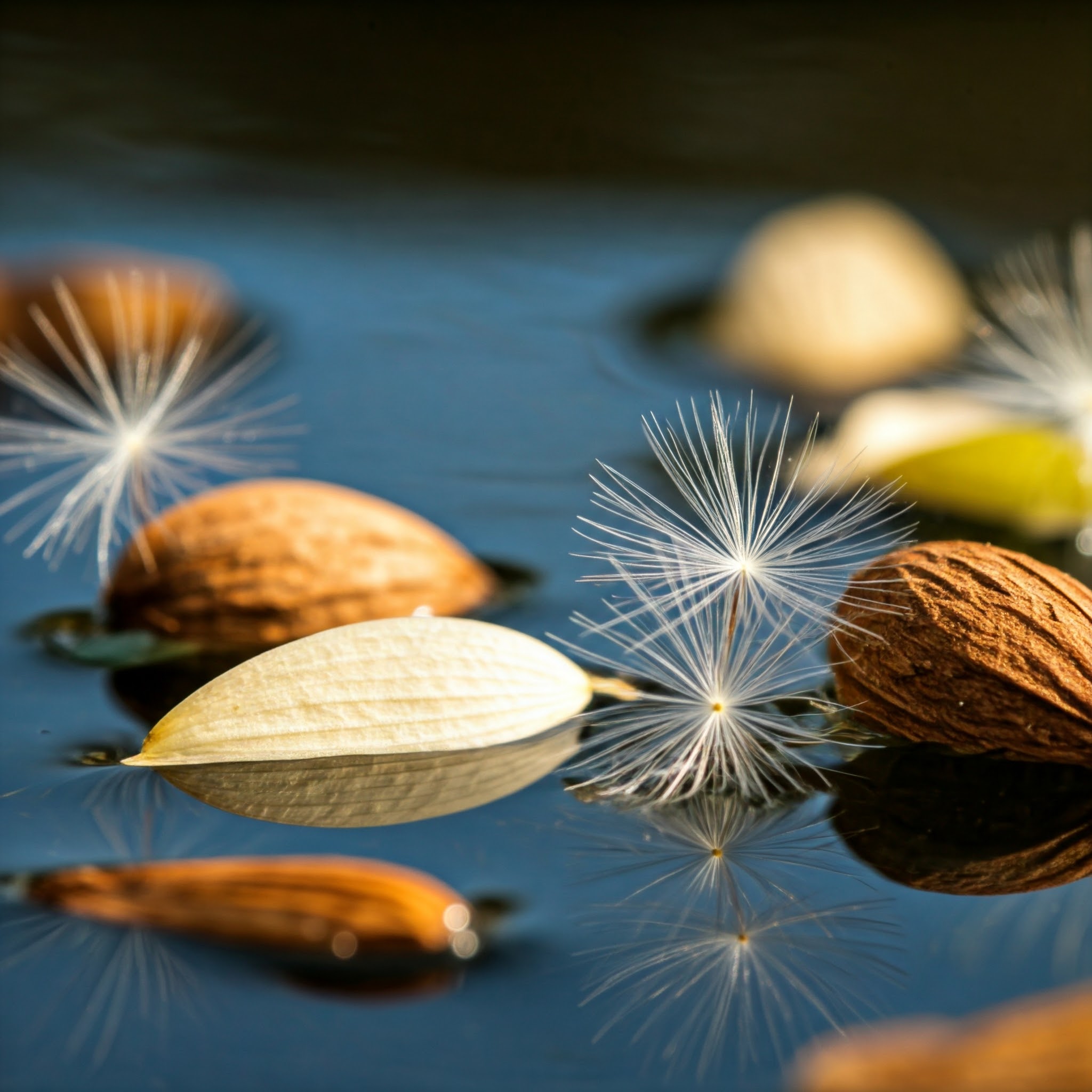 assortment of diverse seeds floating atop a calm body of water