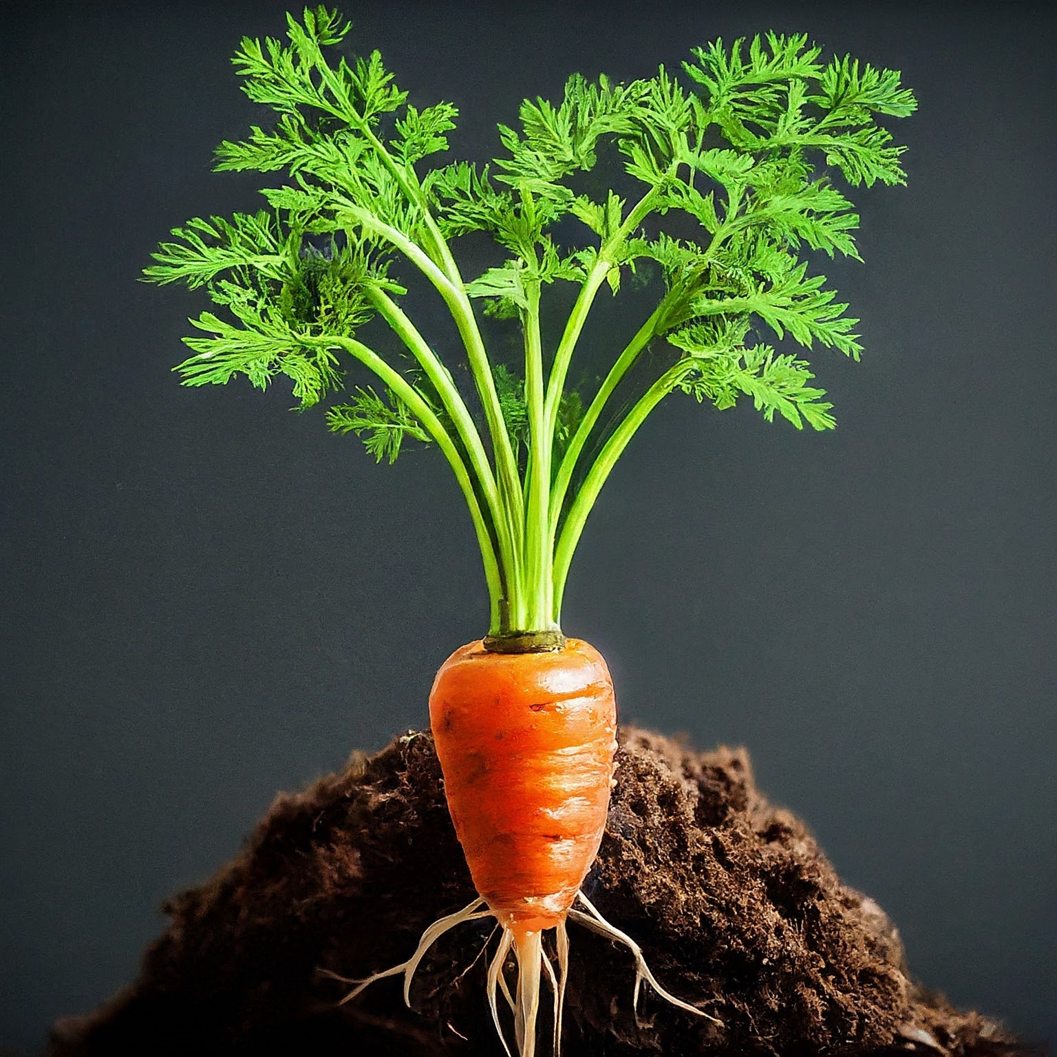 carrot seedling with a deep taproot and a vibrant green crown