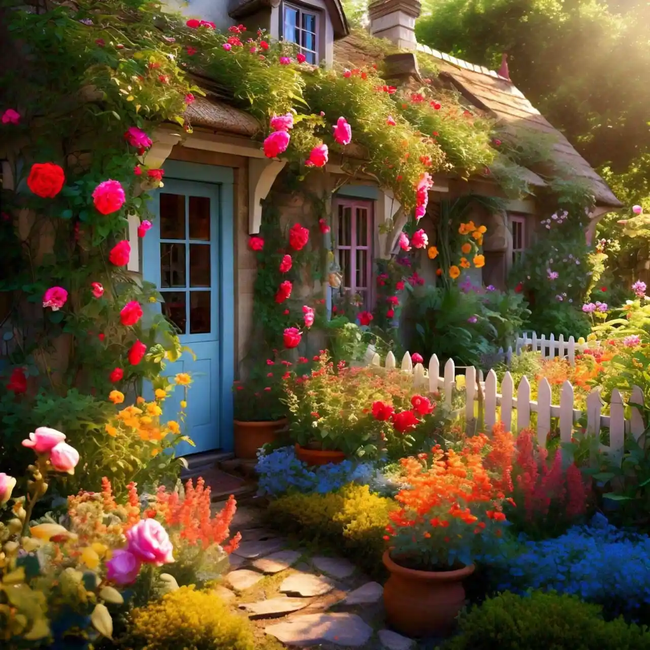 charming cottage garden overflowing with colorful blooms