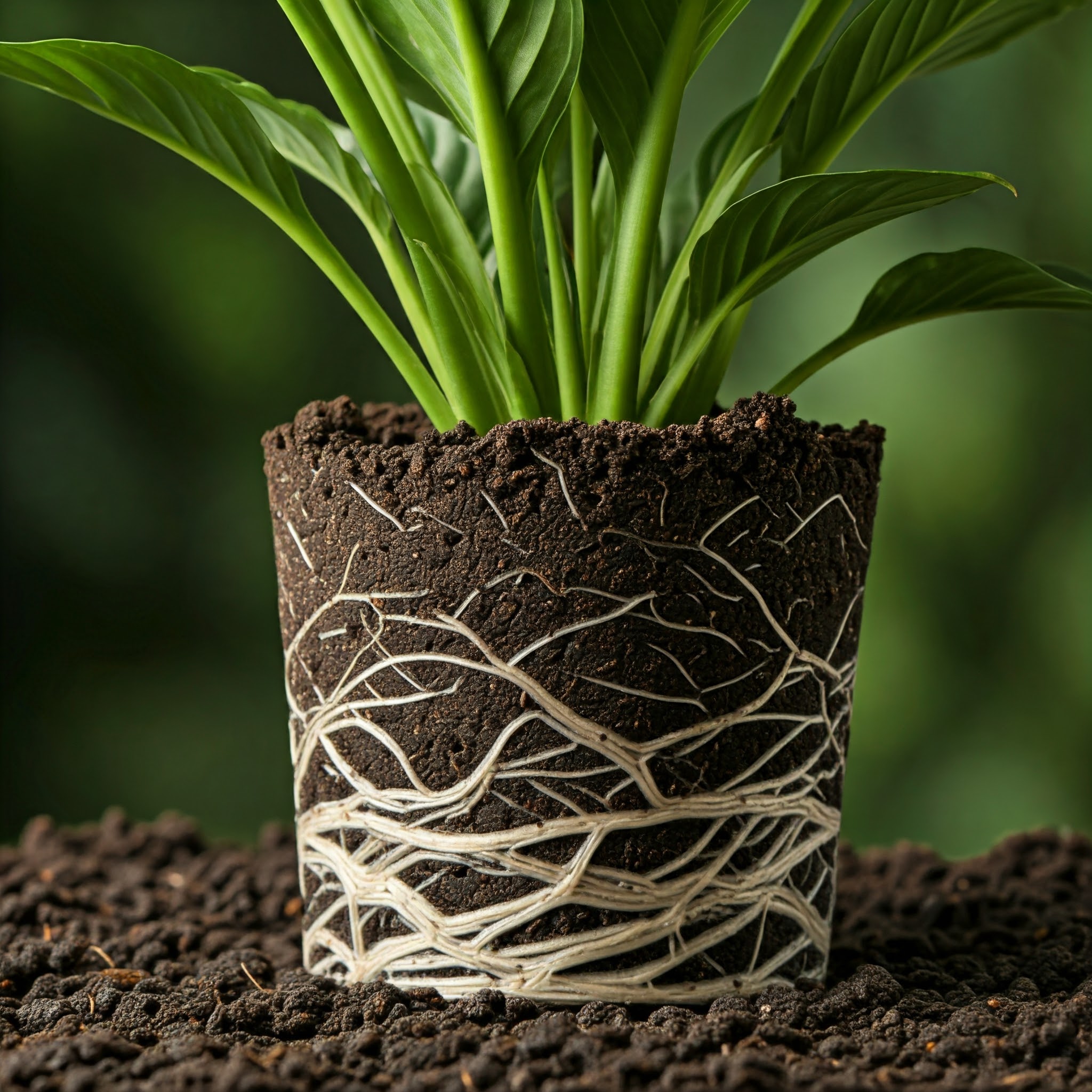 close-up view of a peace lily's root system