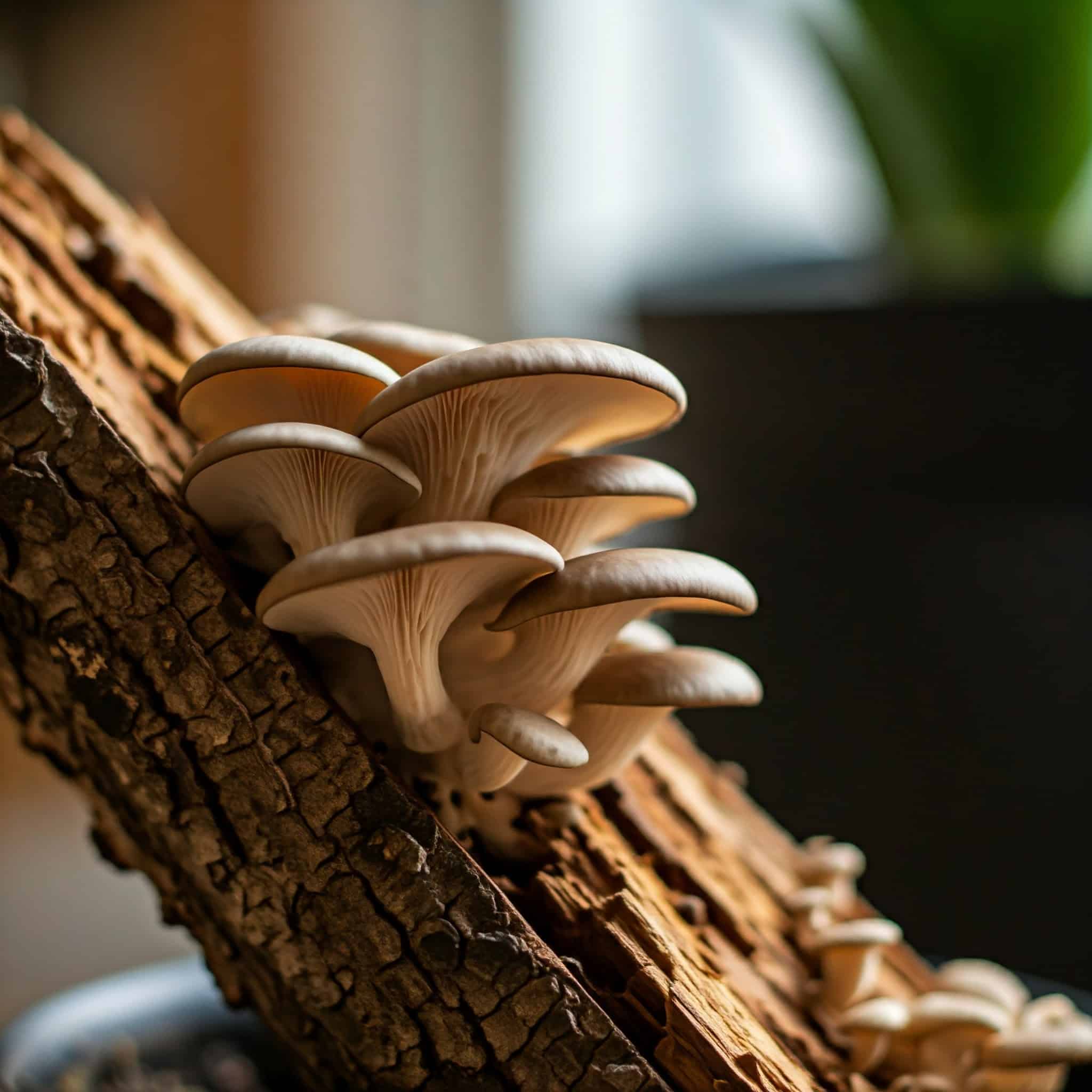 cluster of oyster mushrooms emerging