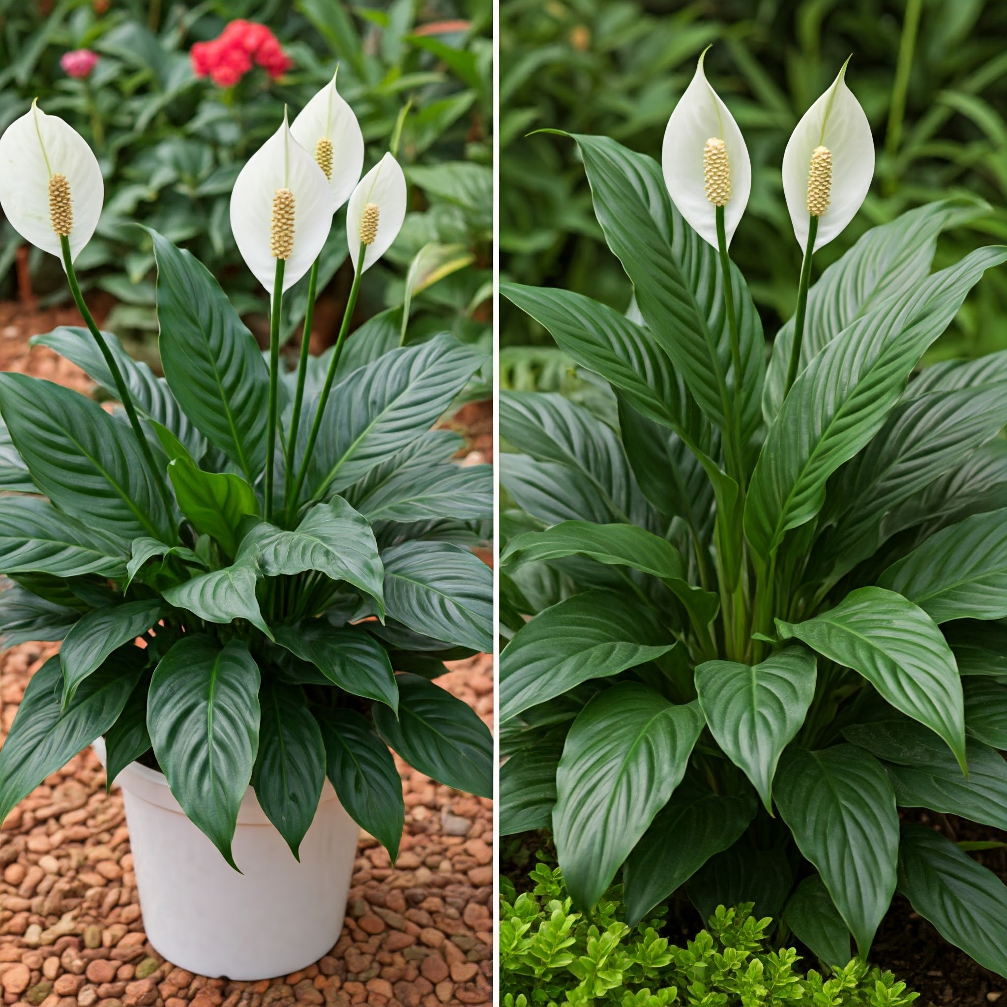 comparison shot of two peace lily plants