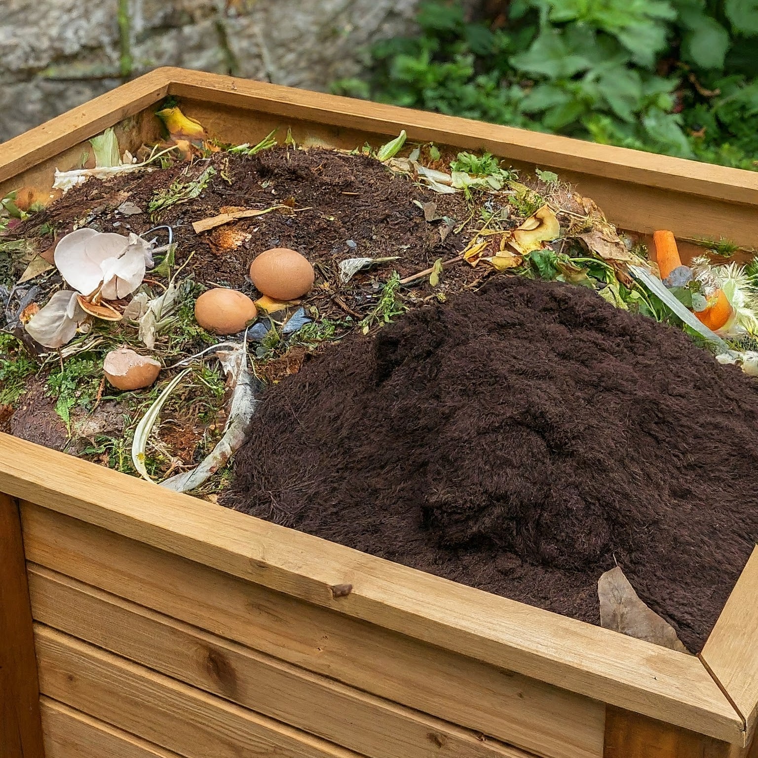 compost bin with organic matter and Coffee grounds