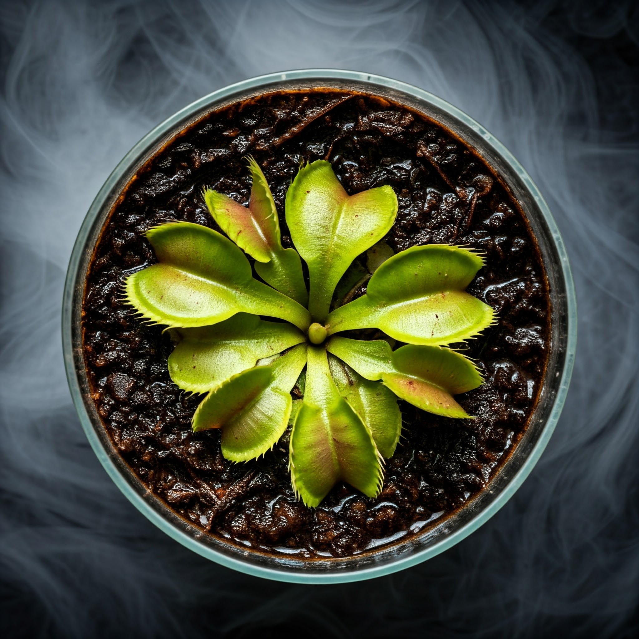 container housing a thriving Venus fly trap specimen