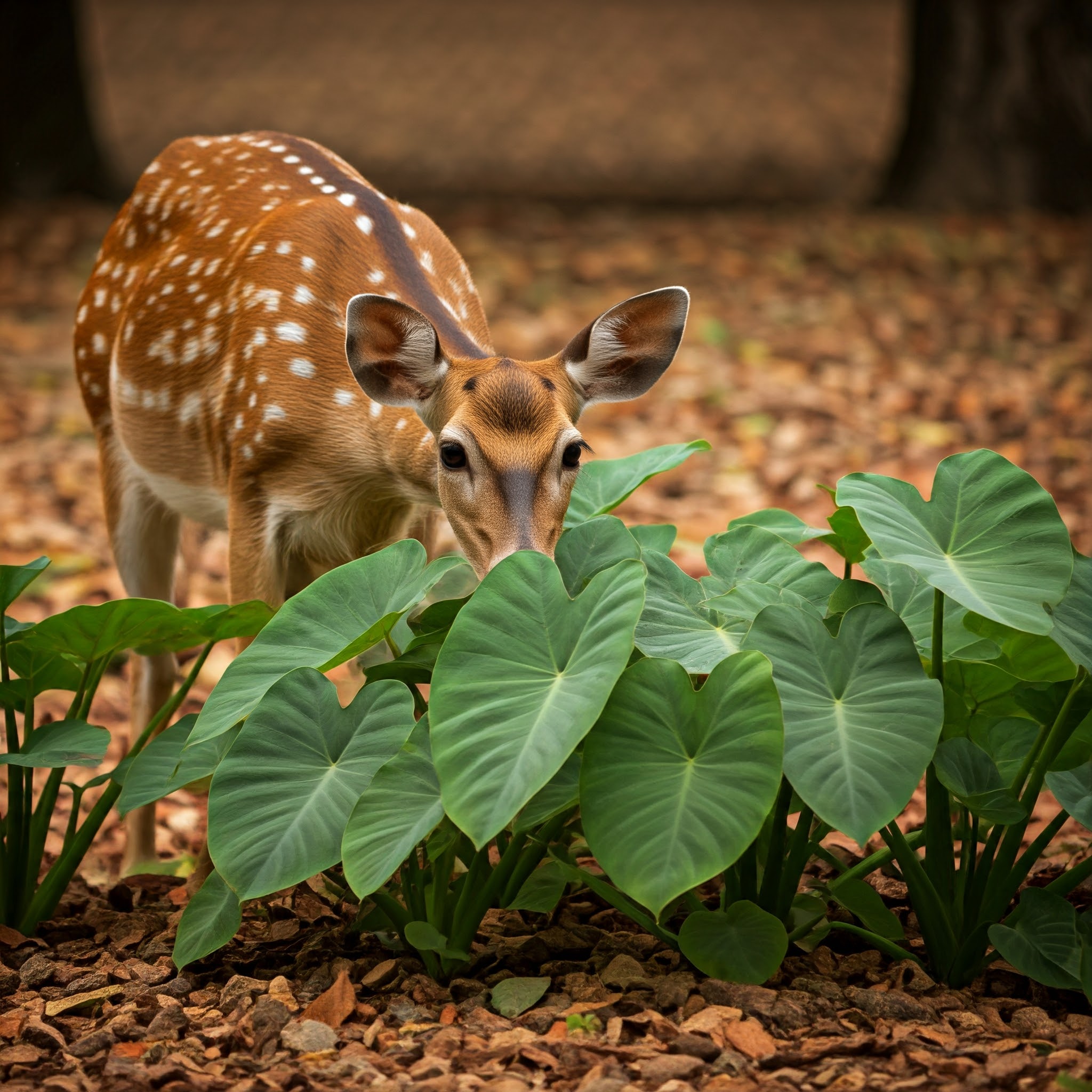 deer cautiously approaching a garden bed