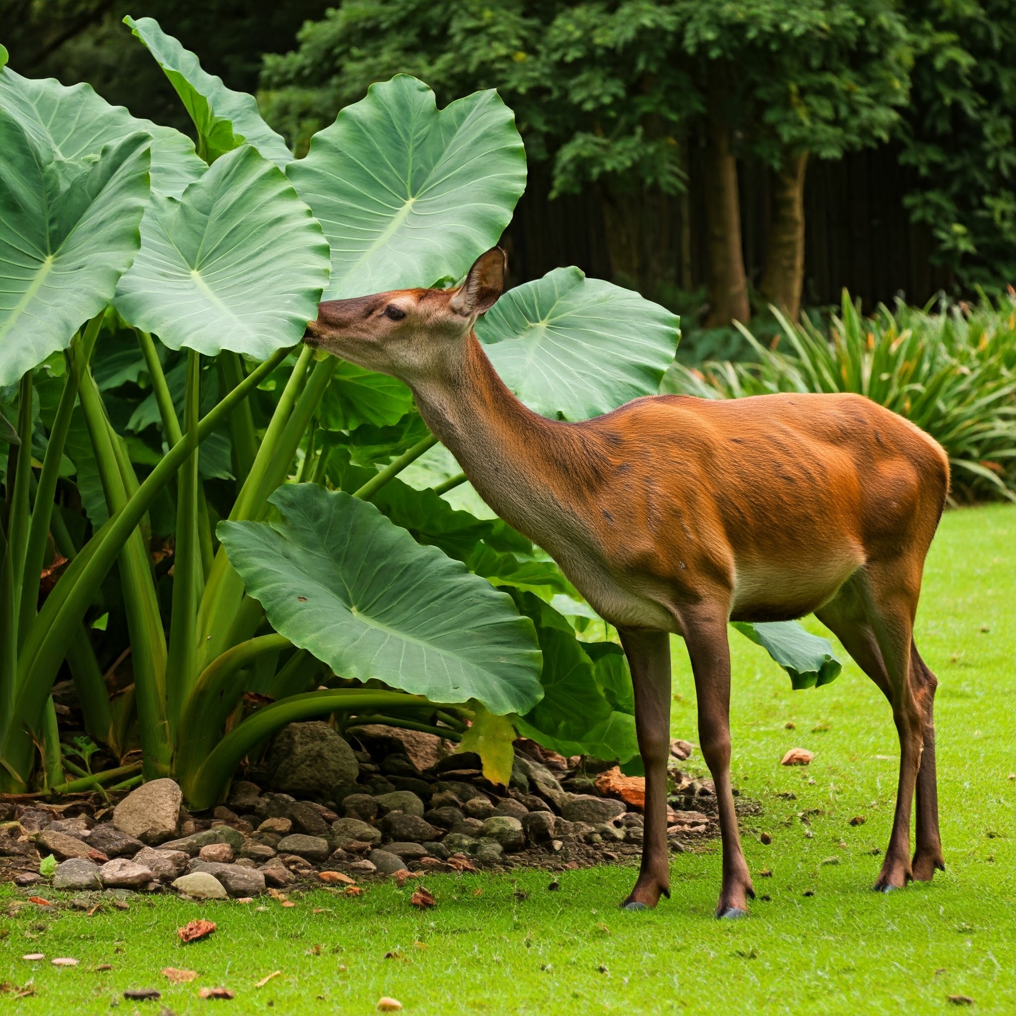 deer standing amidst a well-manicured garden