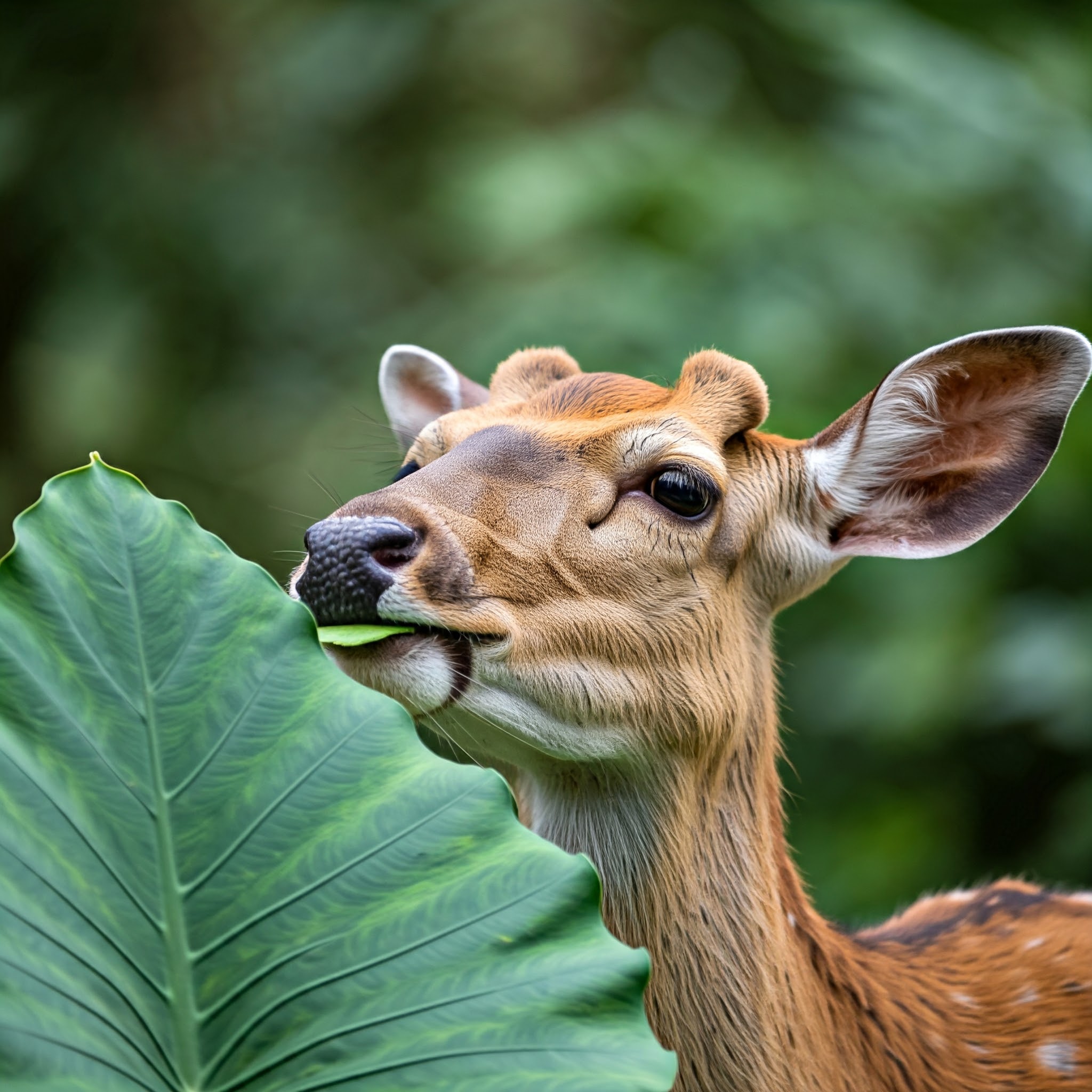 deer's muzzle as it cautiously nibbles on elephant ear plant