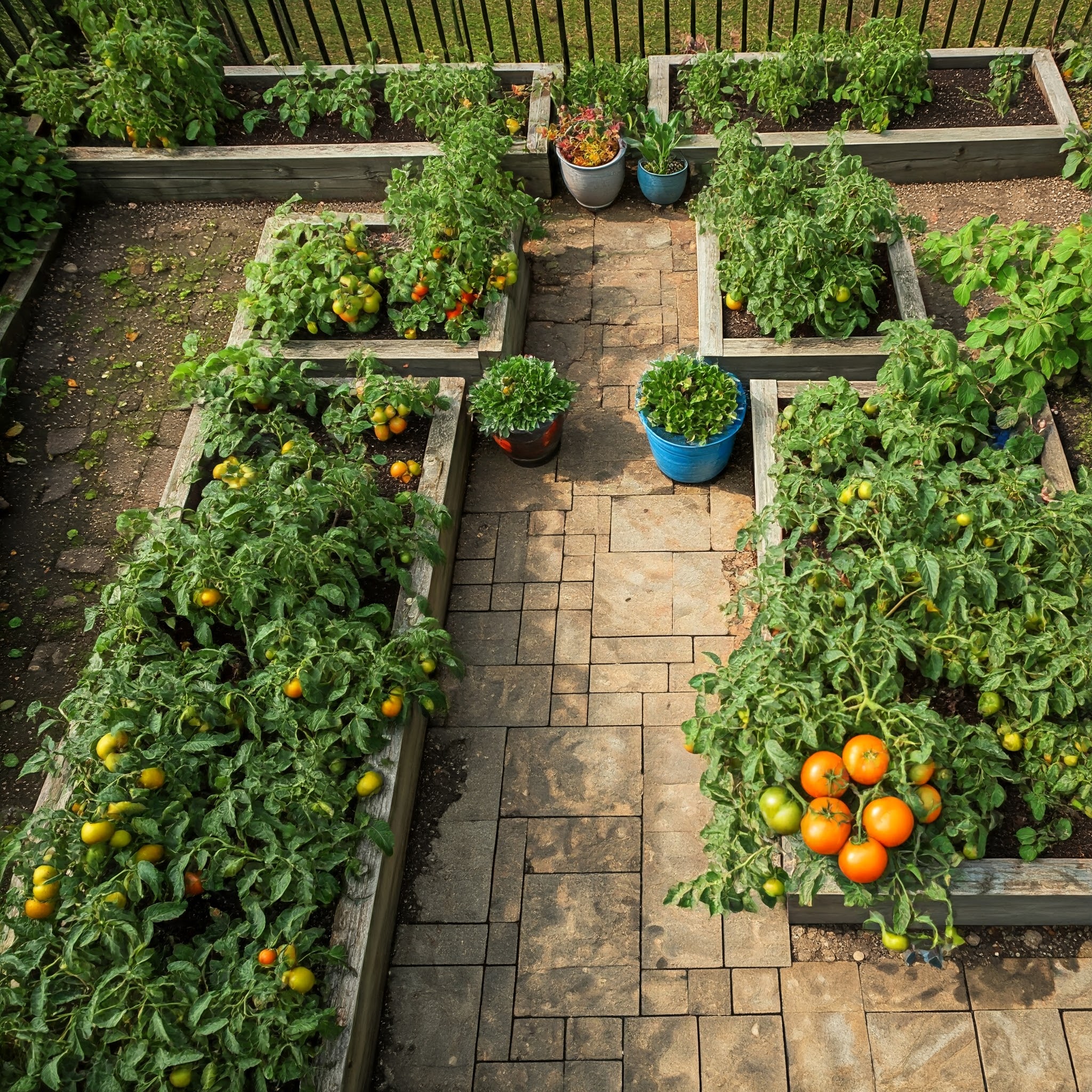 drone view of a multi-level backyard garden