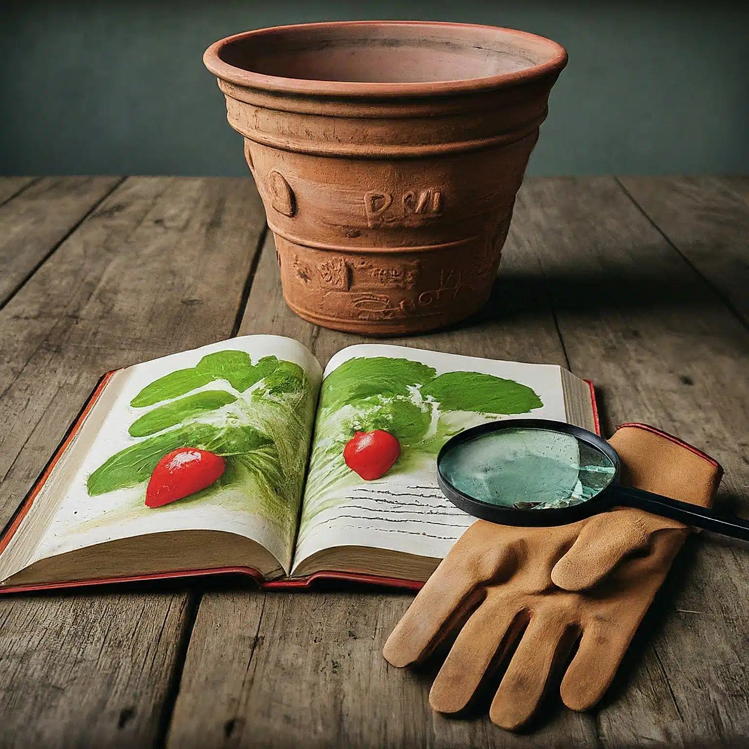 empty terracotta pot and a pair of worn leather gardening gloves