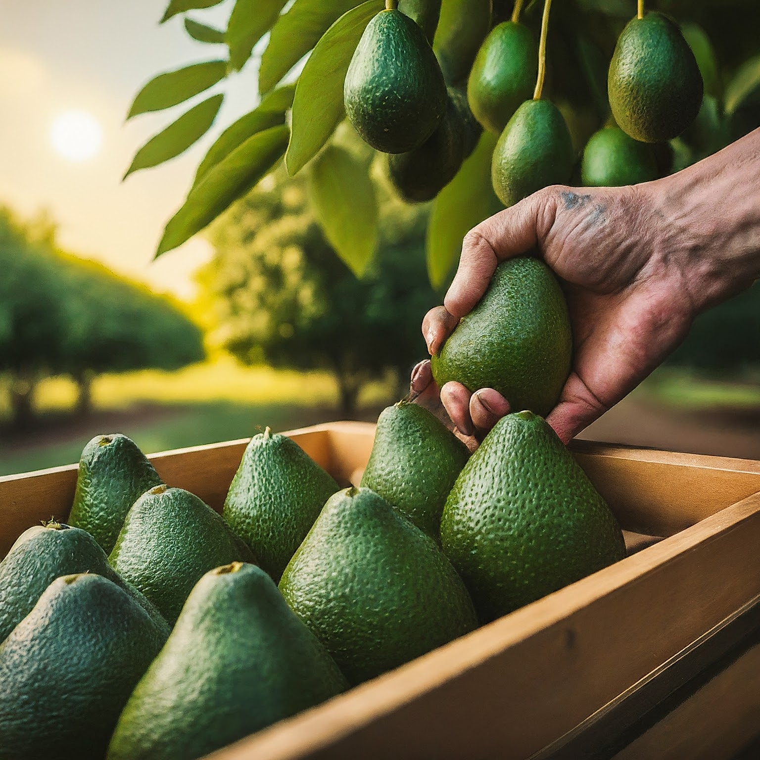 farmer holding a basket full of freshly picked avocados