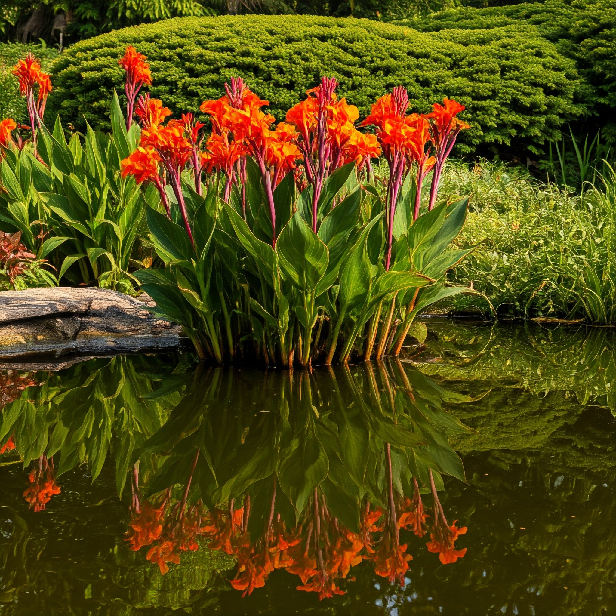 fiery orange flowers reflected in the calm waters