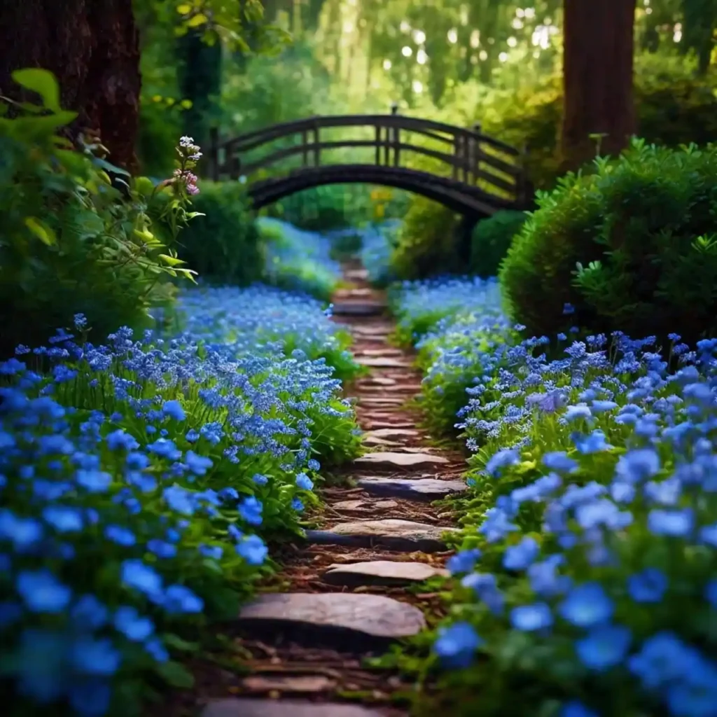 garden path lined with a vibrant carpet of small blue flowers