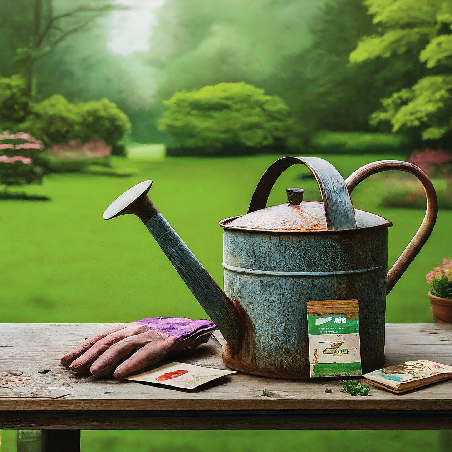 garden table filled with various gardening tools