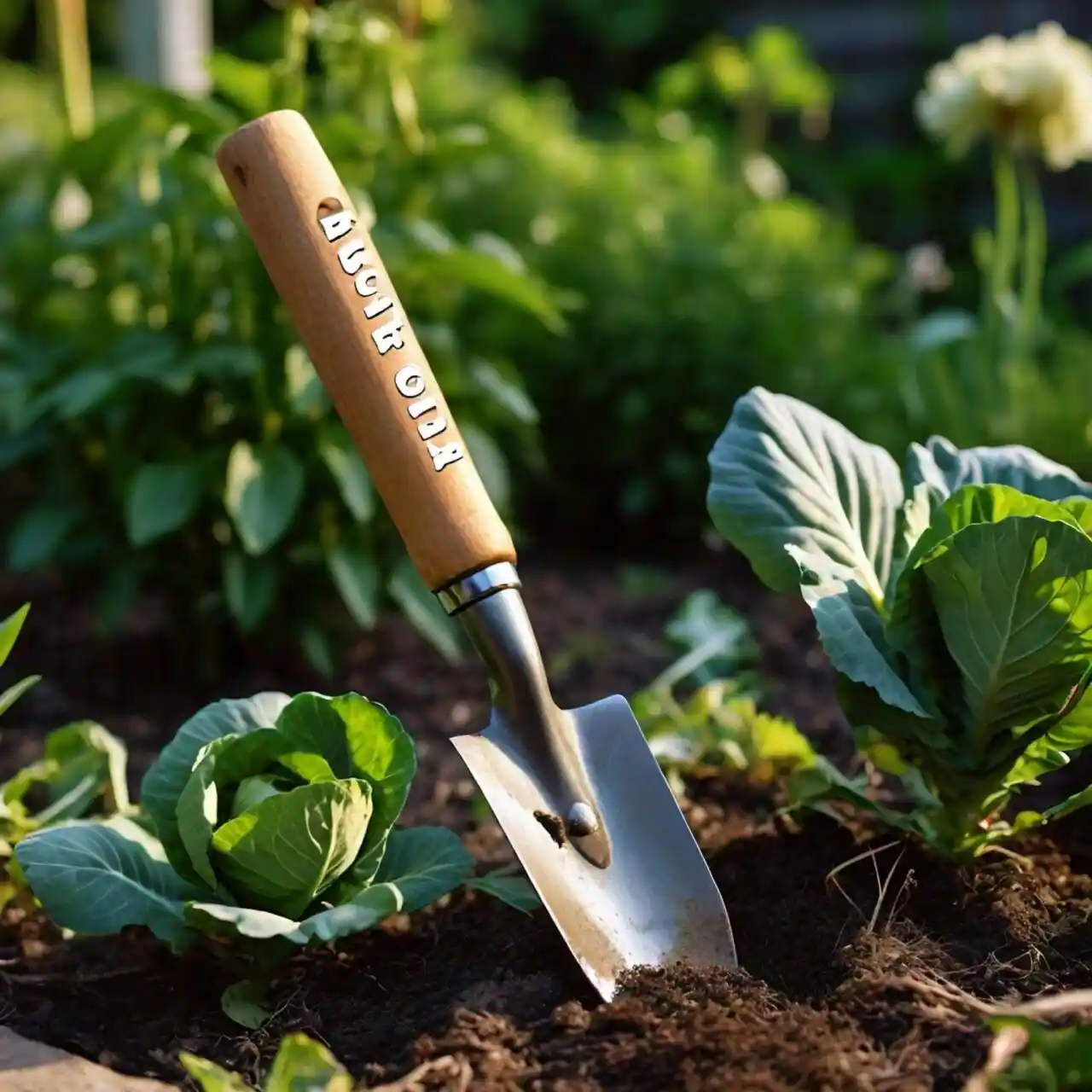 garden trowel next to a weed resembling cabbage