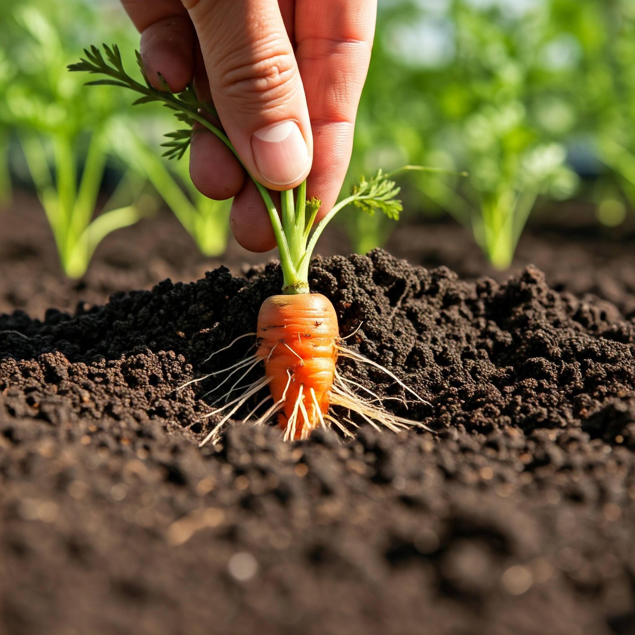 gently pulling back the soil around the base of a carrot