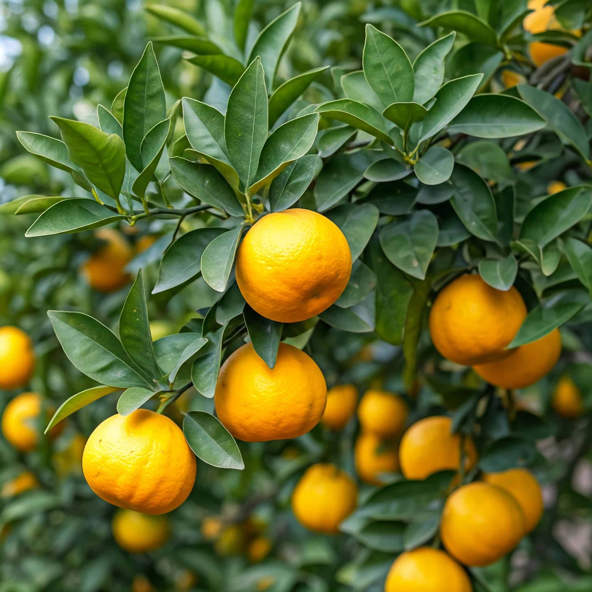 green leaves and bright yellow, juicy citrus fruits