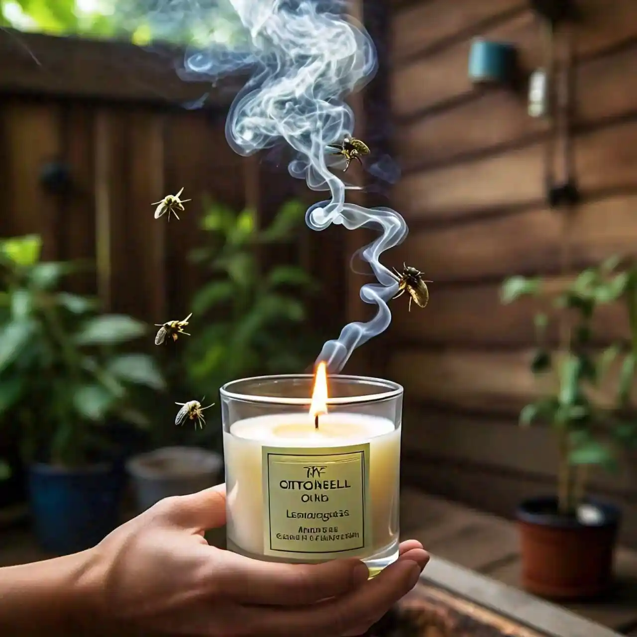 hand holding a lit citronella candle made with lemongrass