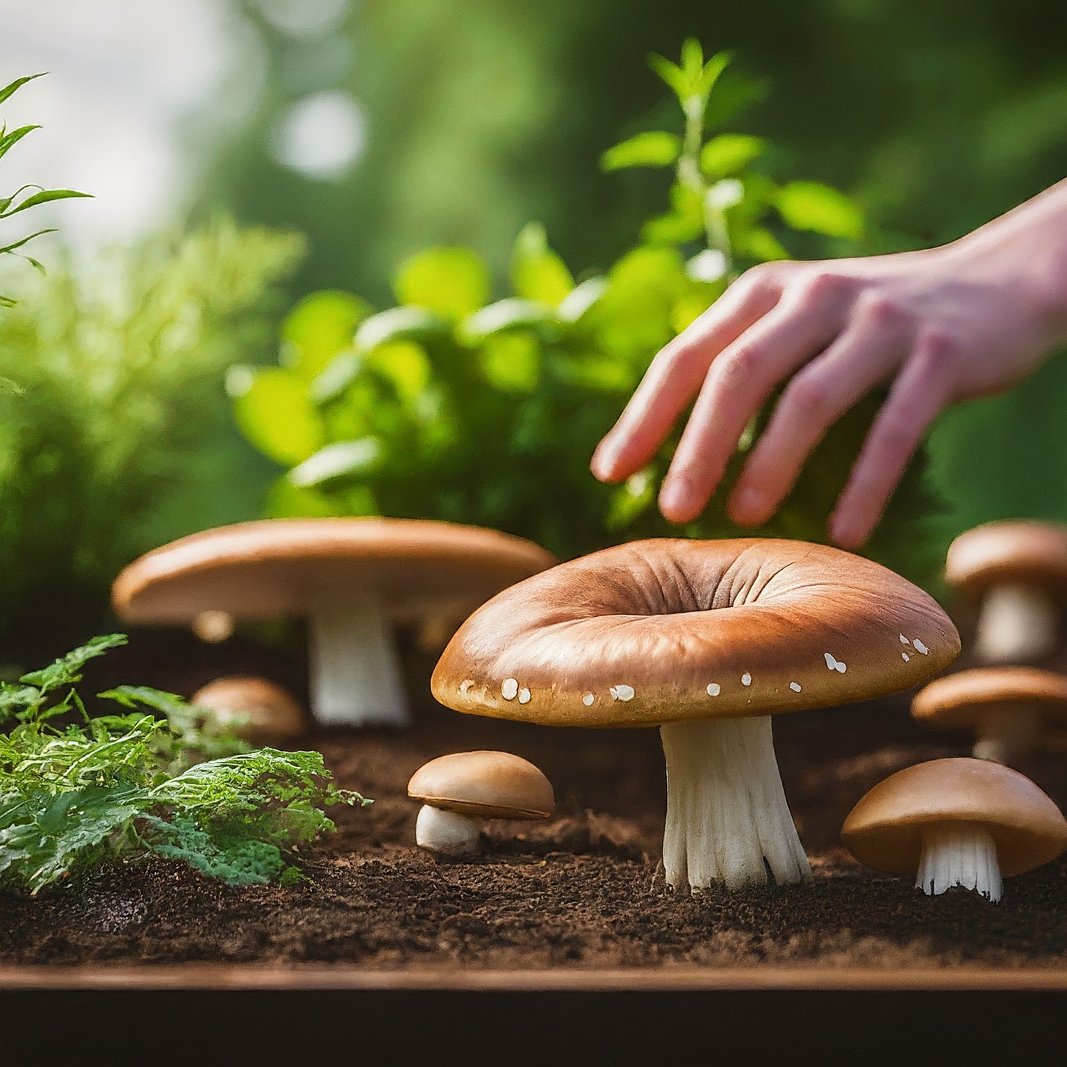 harvesting fresh mushrooms from herb garden