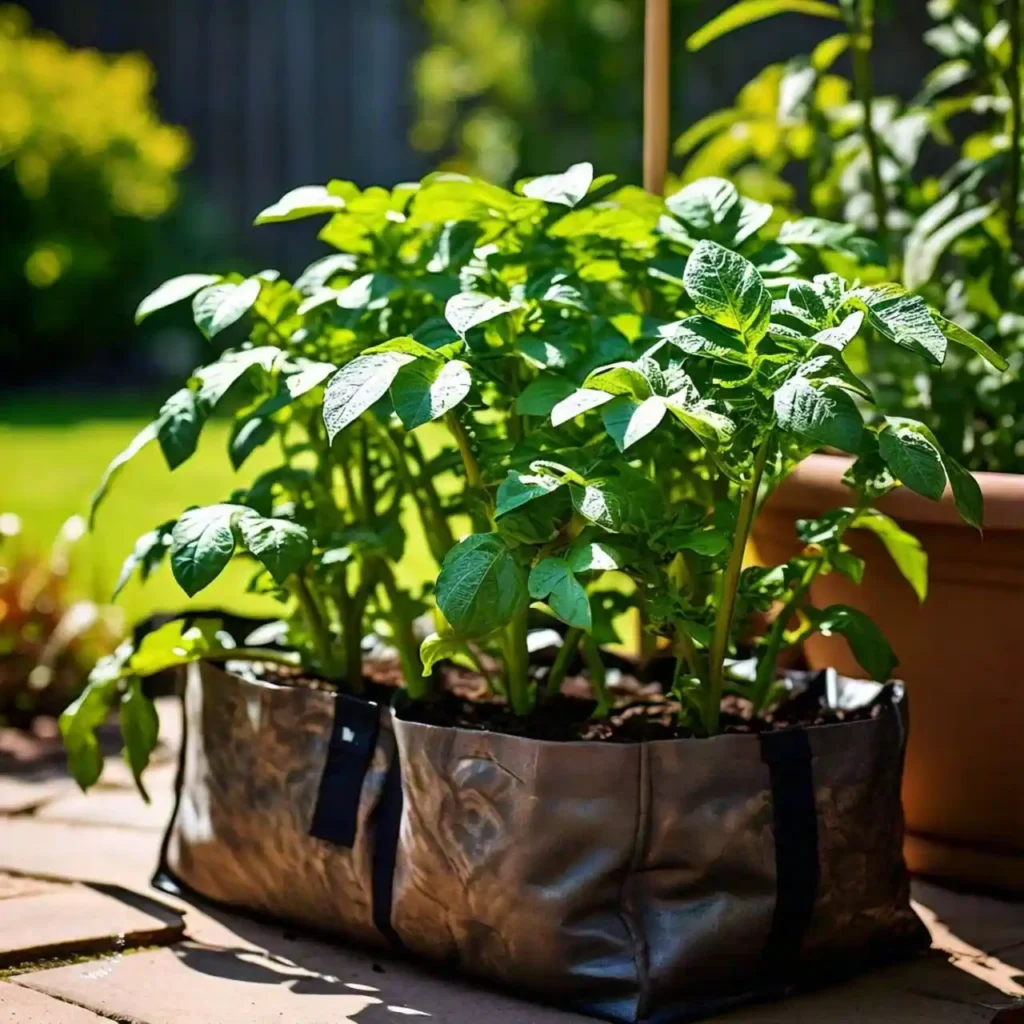 healthy potato plant growing vigorously in a grow bag