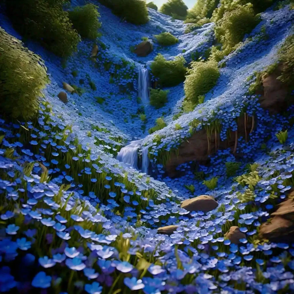 hillside overflowing with a breathtaking display of small blue flowers