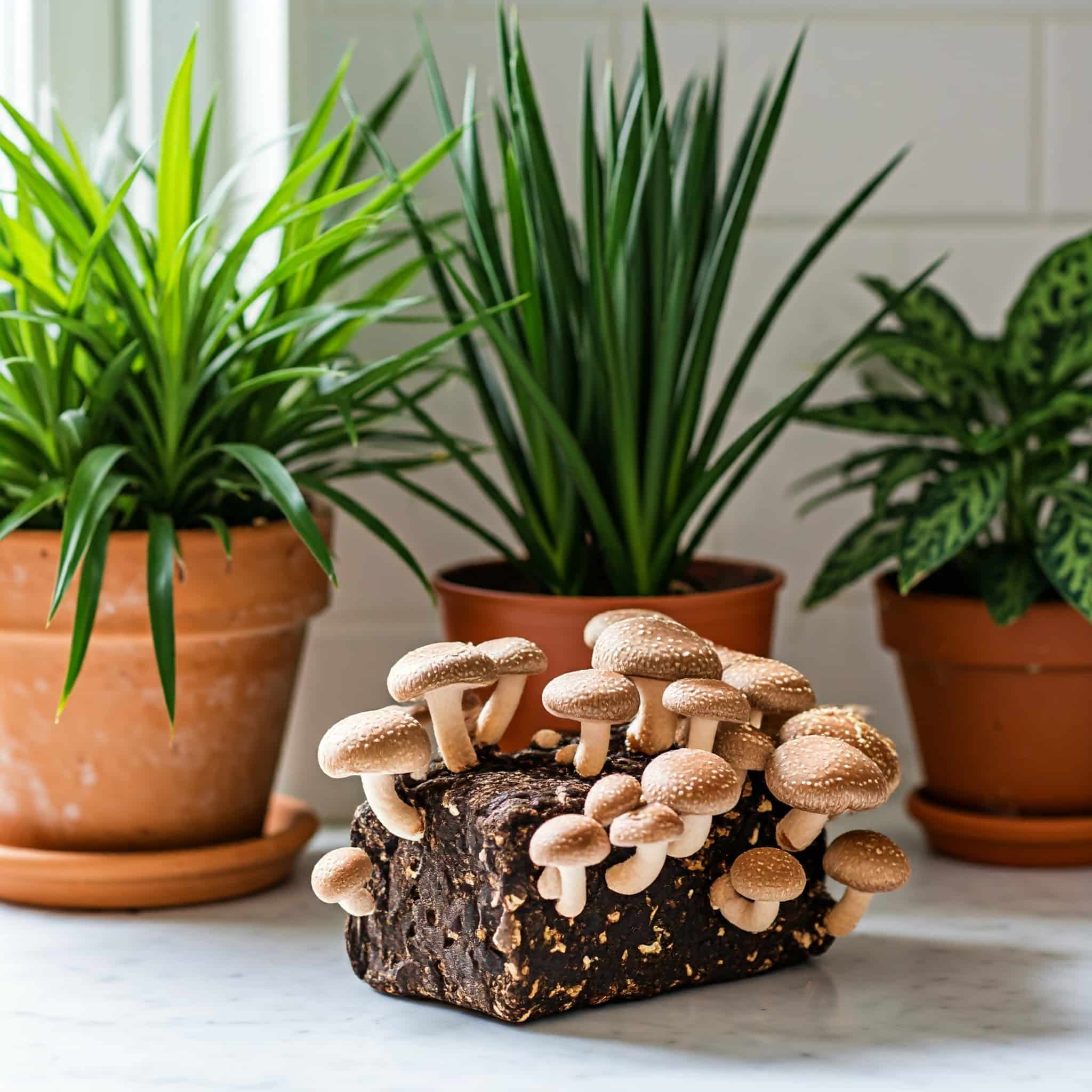 kitchen countertop with a variety of potted houseplants