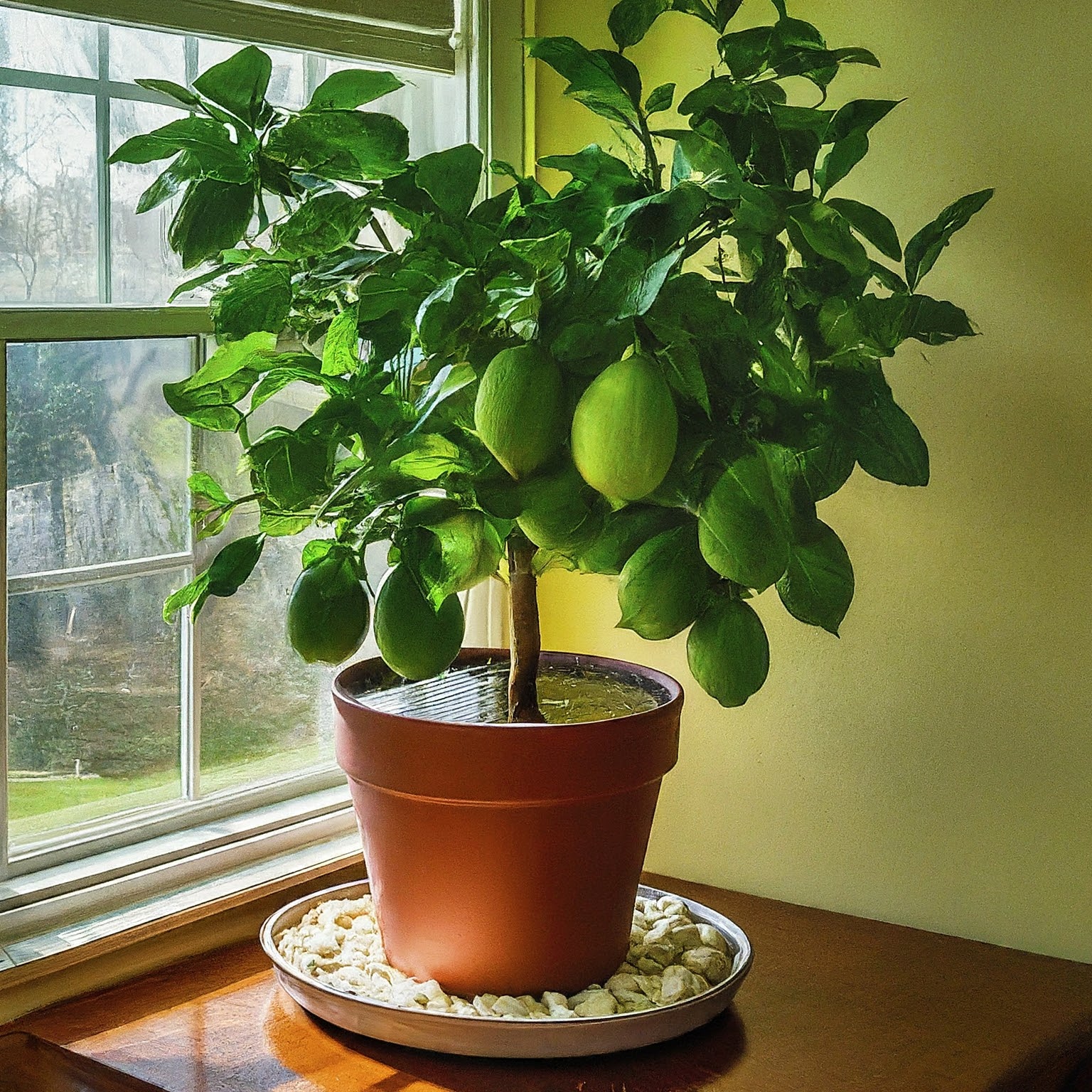 lemon tree growing in a large pot on a sunny windowsill in a New Jersey home