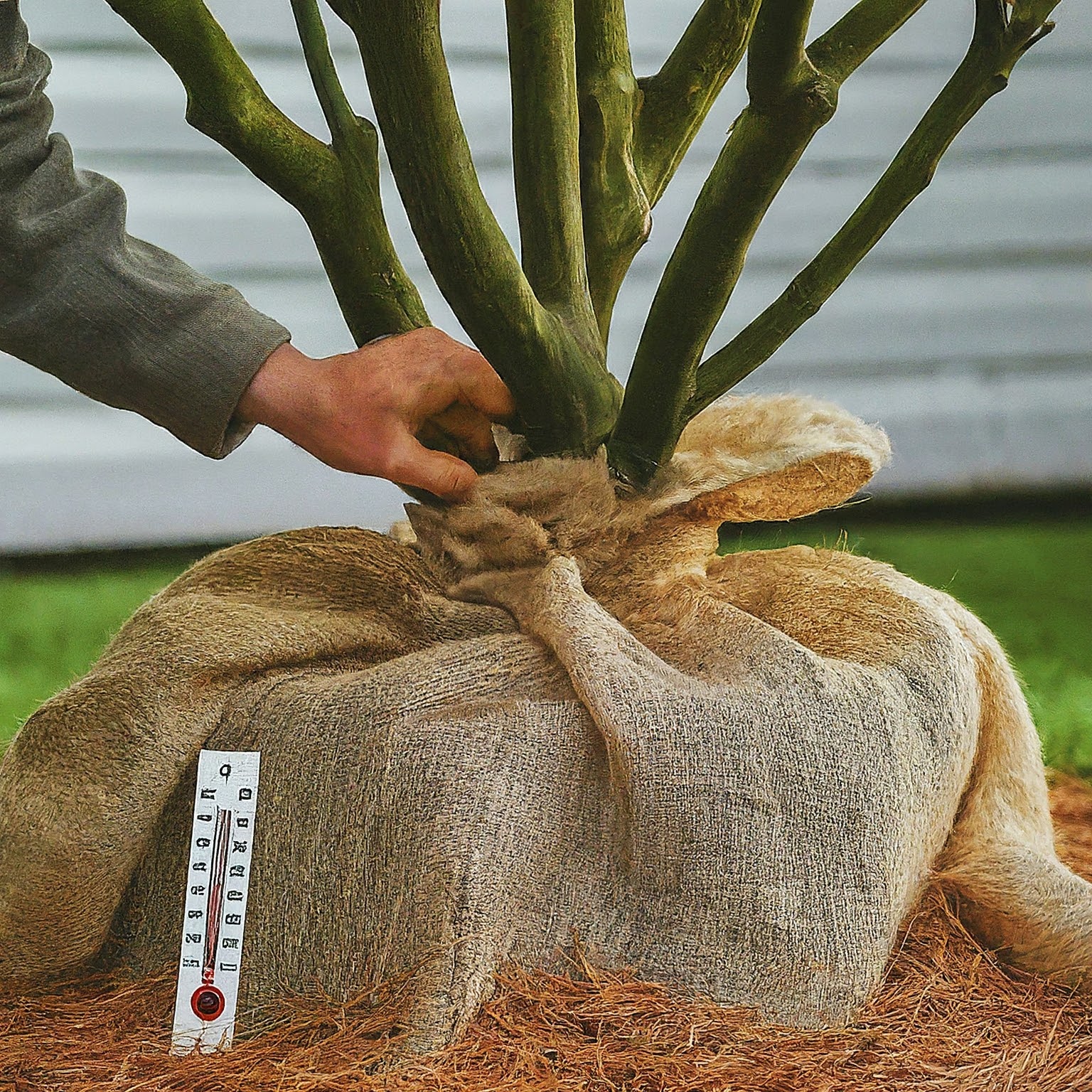 lemon tree in burlap for winter protection