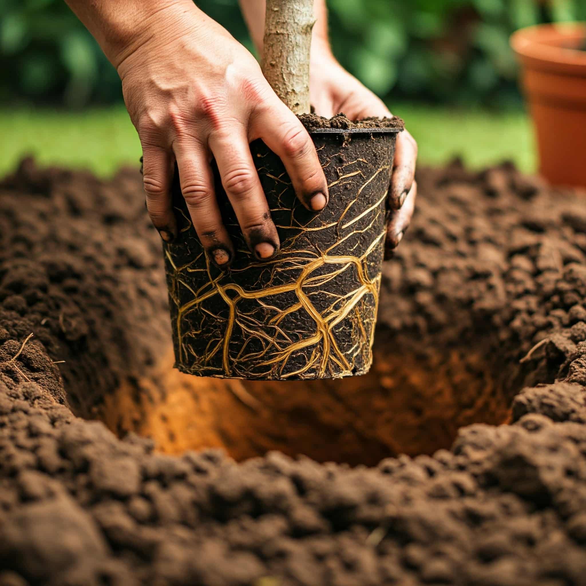 loosening the tangled roots of a potted tree