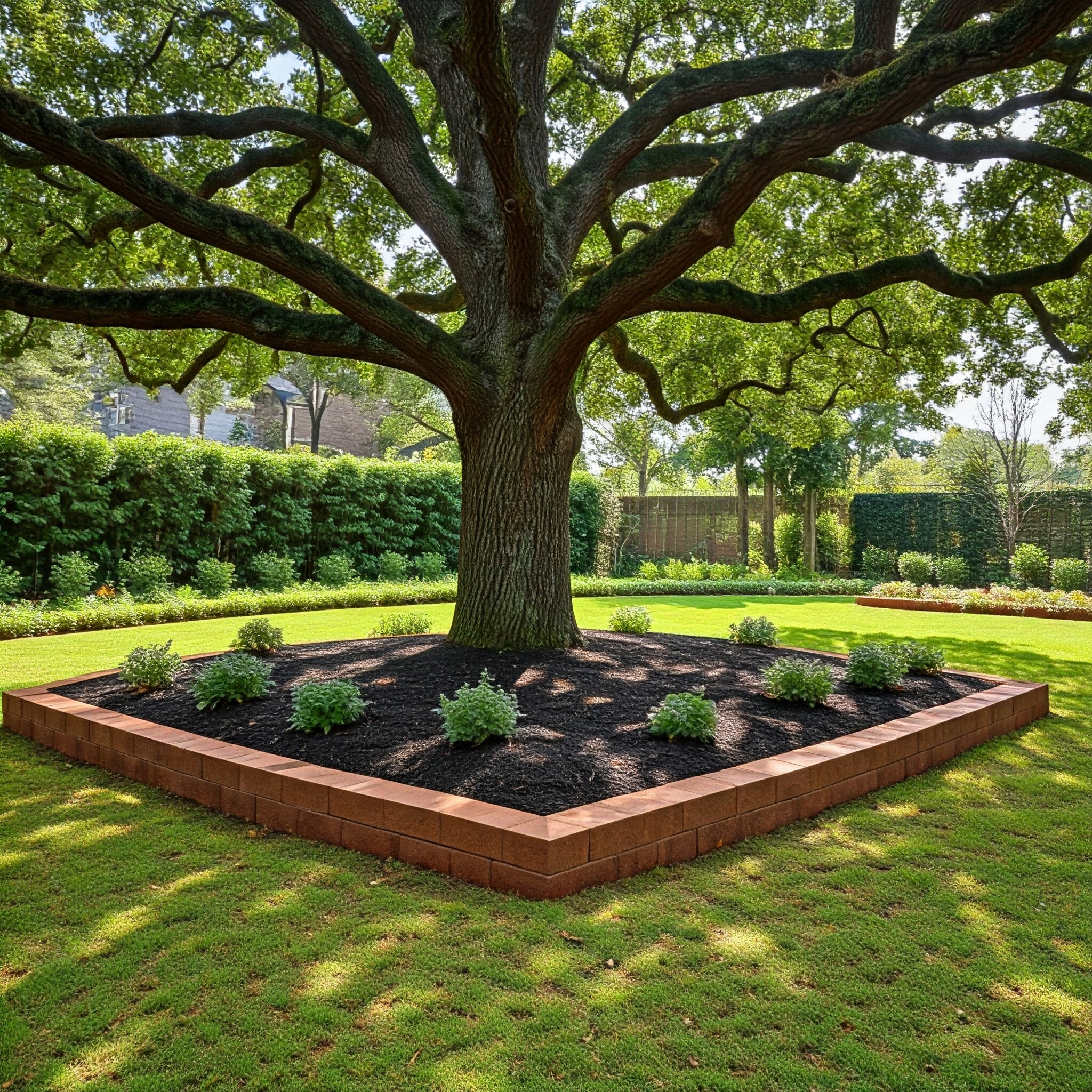 mature oak tree thriving in a raised planting bed