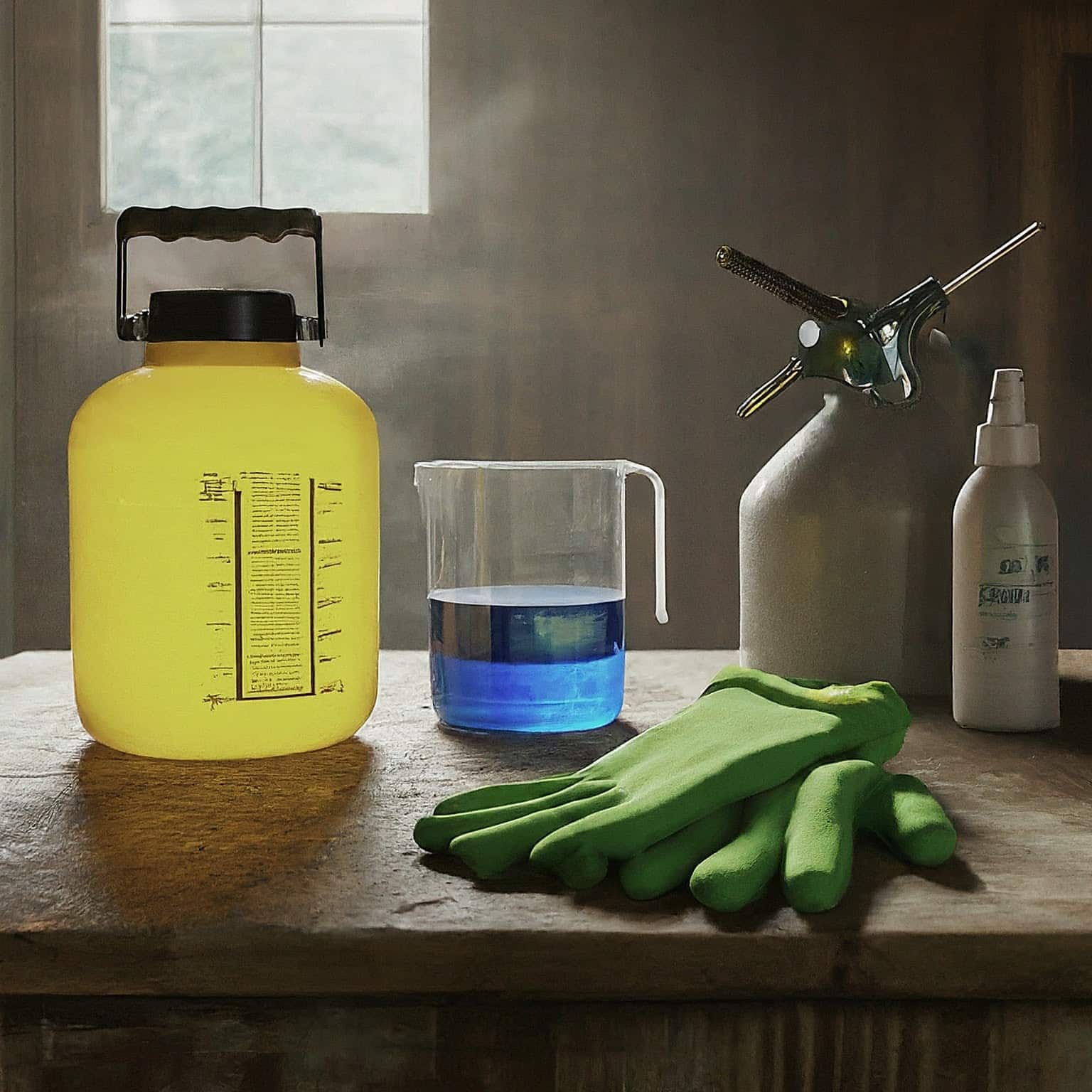 measuring cup filled with Triclopyr 4, a half-empty bottle of white liquid