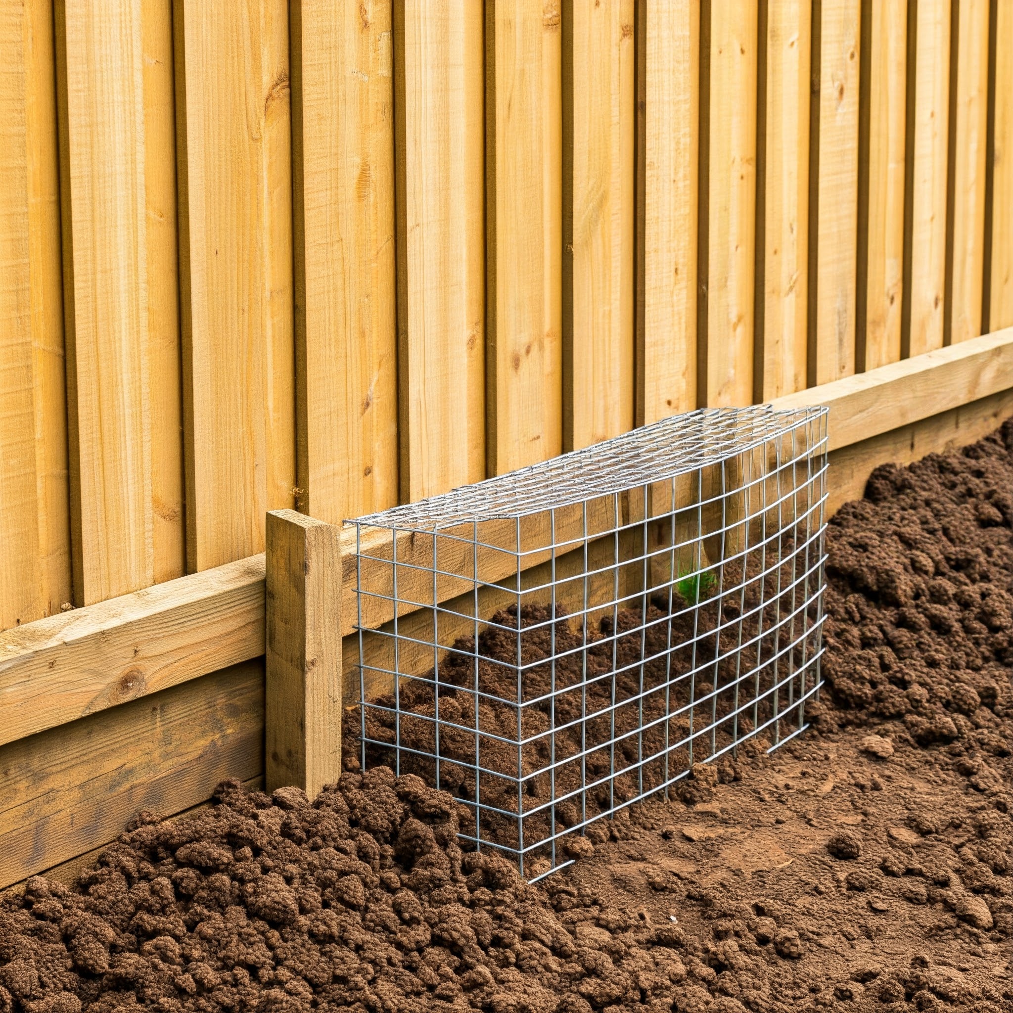 metal mesh along the bottom portion of a wooden fence